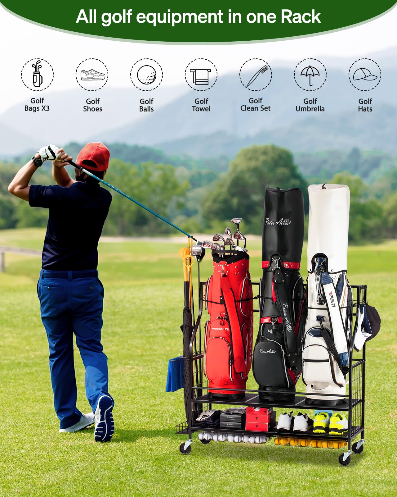 3 Golf Bag Storage Organizer with Wheels - Heavy Duty Golf Bag Stand Holds 3 Golf Bags, Clubs & Accessories - Portable Golf Equipment Rack for Garage, Basement, Shed & Club Storage (Ideal for Home & Golf Course Use)