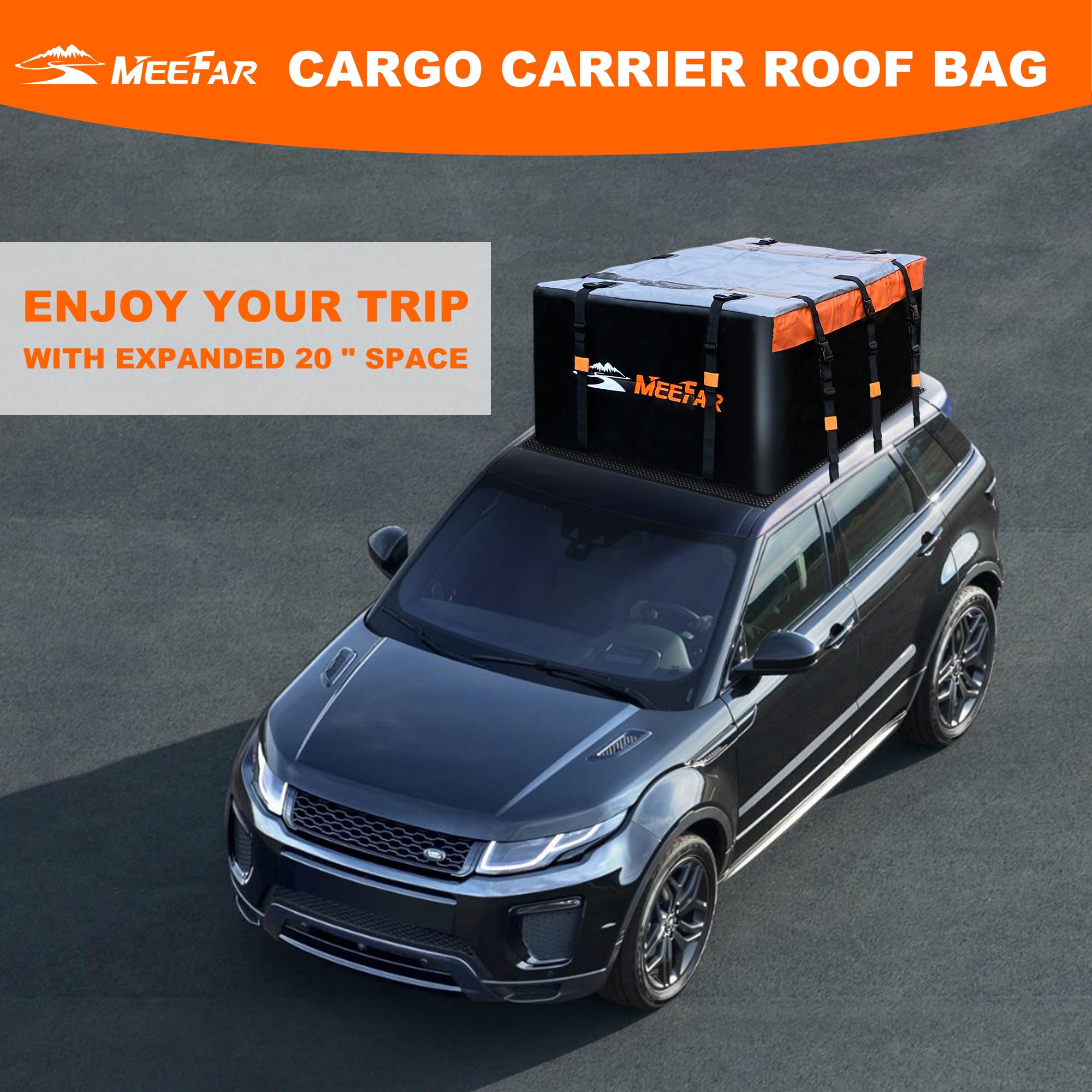**MeeFar 20 Cubic Feet Waterproof Rooftop Cargo Carrier Bag – Universal Fit for All Vehicles (With/Without Rack) – Includes Anti-Slip Mat, 10 Reinforced Straps, 6 Door Hooks & Luggage Lock – Perfect for Road Trips, Camping & Outdoor Adventures**