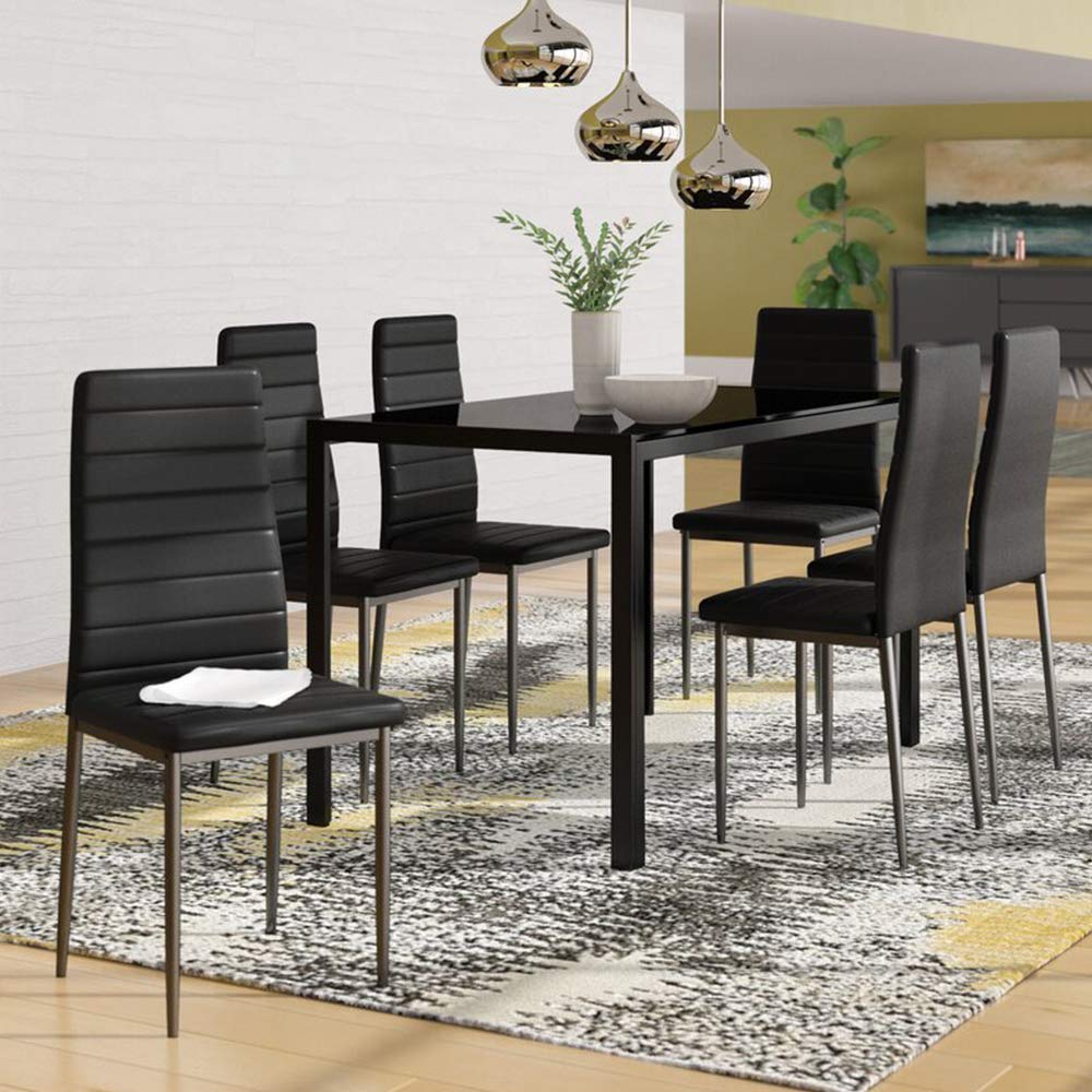 Modern Glass Dining Table Set 7-Piece - Black IDS Online MLM-17429-6-BK | Elegant Dining Room Furniture for Home, Restaurant & Office Use