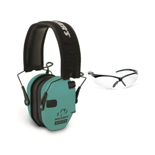Walker Razor Slim Electronic Shooting Range Earmuffs - NRR 23dB Noise Reduction with Safety Glasses Kit (2 Items) | Hearing Protection for Shooting Range, Hunting & Outdoor Sports (Teal)