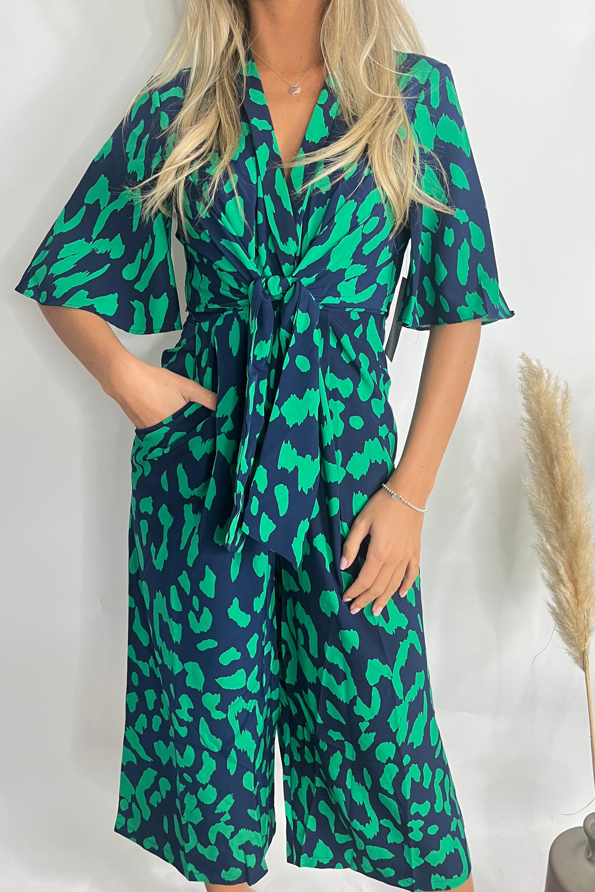 Green & Navy Printed Tie Front Wide Leg Jumpsuit for Women - Stylish Plus Size Romper with Pockets | Perfect for Summer Outfits, Beach Vacations & Casual Wear