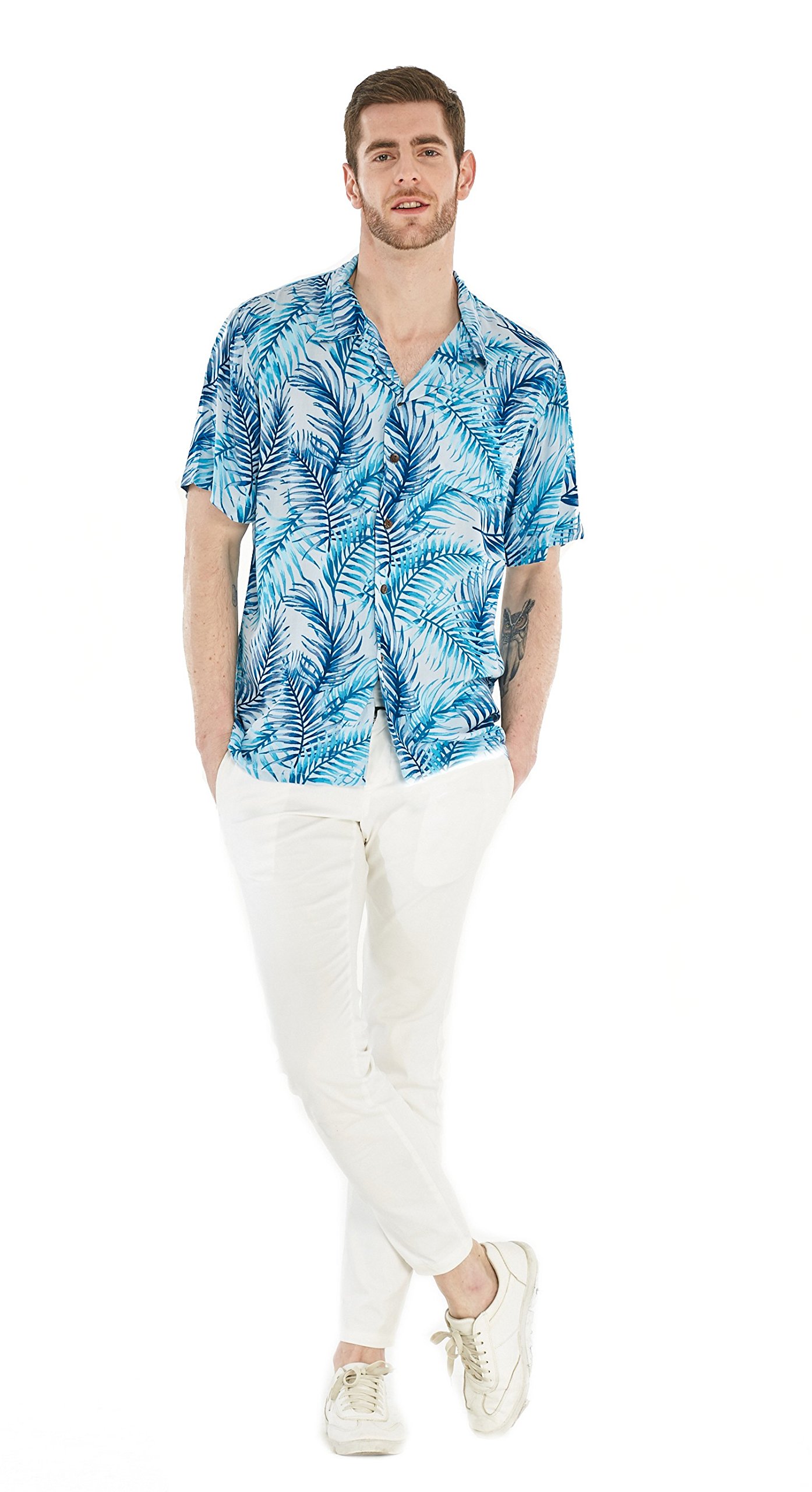 Couple Matching Hawaiian Luau Shirt & Mermaid Dress - Blue Tropical Leaves Print | Beach Vacation, Luau Party, Summer Outfits for Couples