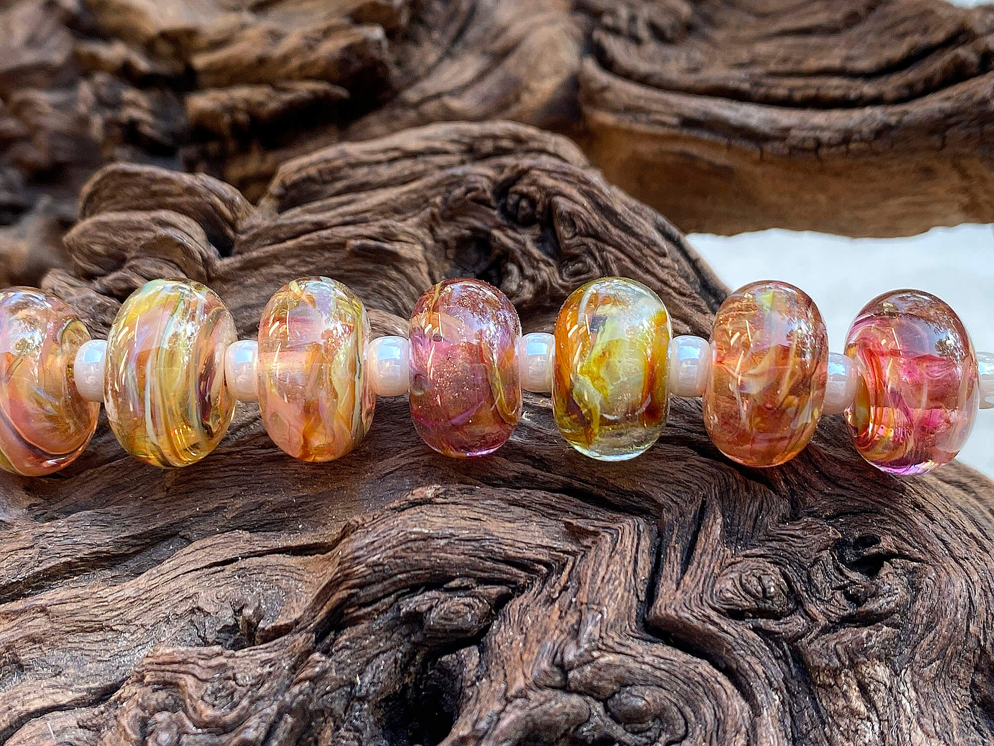 14 Handmade Fall Ruby Topaz Lampwork Glass Beads Set for Jewelry Making - DIY Necklace, Bracelet, Earrings - Perfect for Autumn Crafts & Gifts