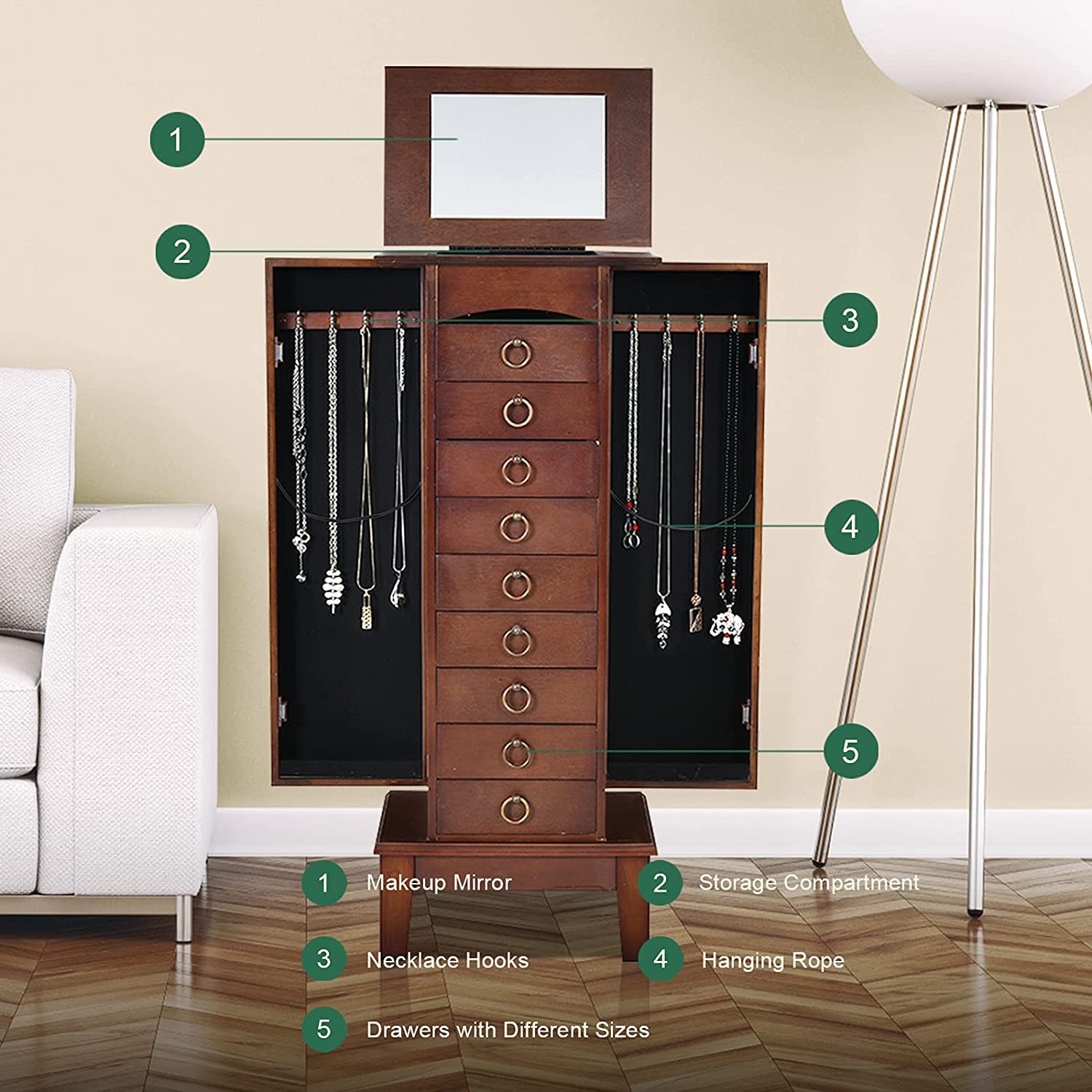 FANTASK Standing Jewelry Armoire Cabinet - Wooden Jewelry Storage Chest with Flip Top Mirror, 9 Drawers & 2 Side Doors - Large Bedroom Storage Organizer for Necklaces, Rings & Accessories - Perfect for Walk-in Closets, Dressing Rooms & Master Bedrooms (Walnut)