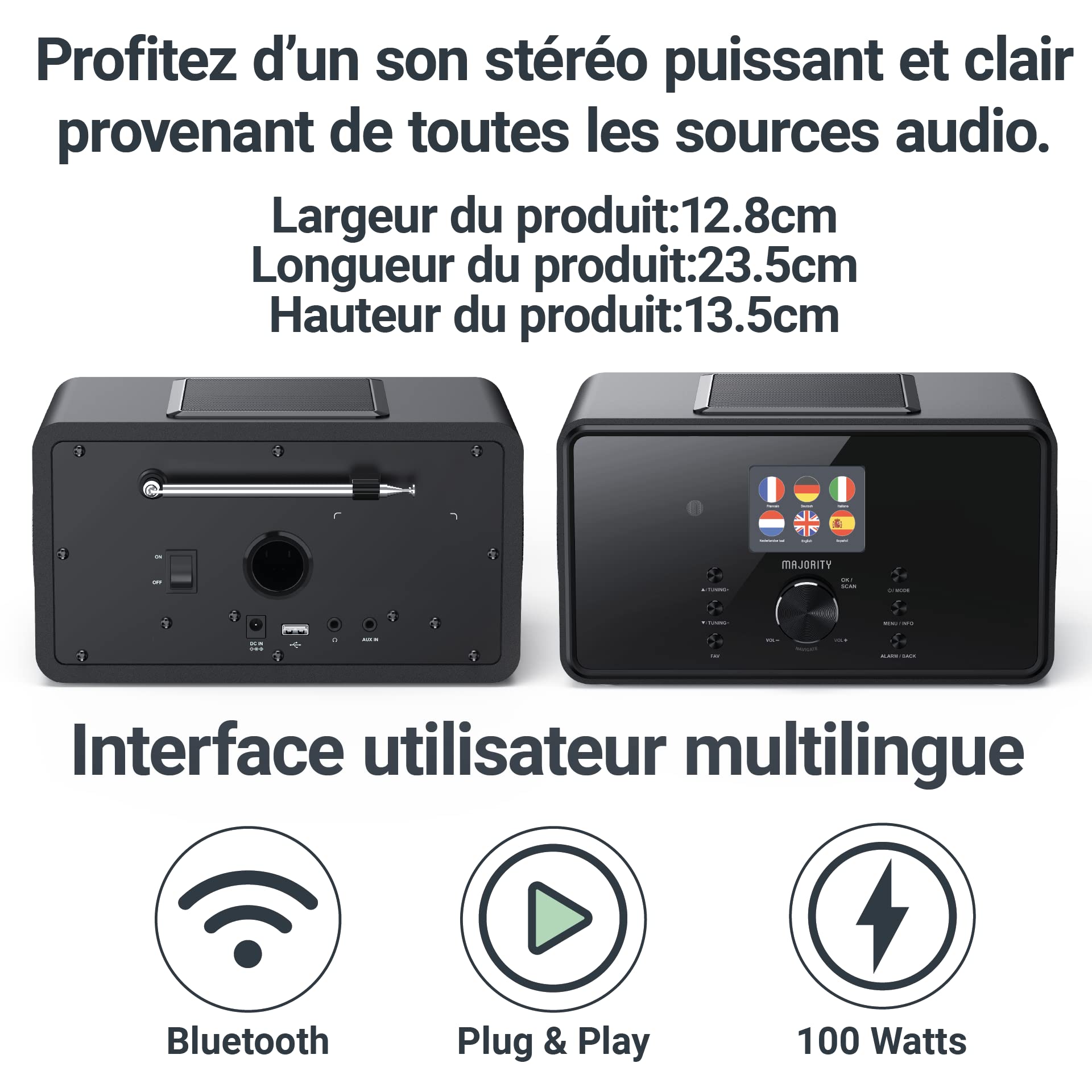 Majority Bard Bluetooth Internet Radio with Dab+ | 100W 2.1 Channel Speaker System with Powerful Subwoofer | FM, Spotify, Podcasts | AUX/USB Input | Dual Alarm Clock, 90+ Presets & Remote Control (Black) – Perfect for Home, Office, and Bedroom Entertainment