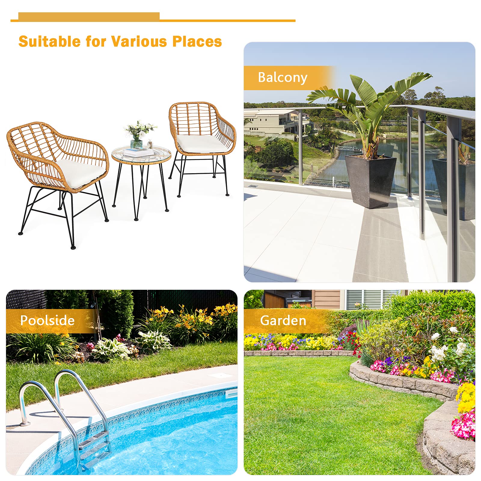 **HAPPYGRILL 3-Piece Rattan Bistro Set with Steel Frame, Round Coffee Table & Soft Cushions – Outdoor Patio Furniture for Garden, Balcony, or Poolside Relaxation**