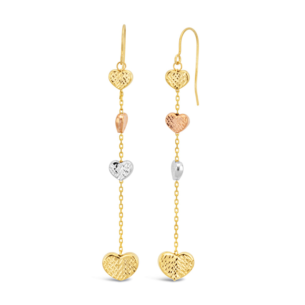 9ct Three-Tone Diamond Cut Heart Drop Hook Earrings - Elegant Dangle Earrings for Women, Perfect for Weddings, Parties & Special Occasions