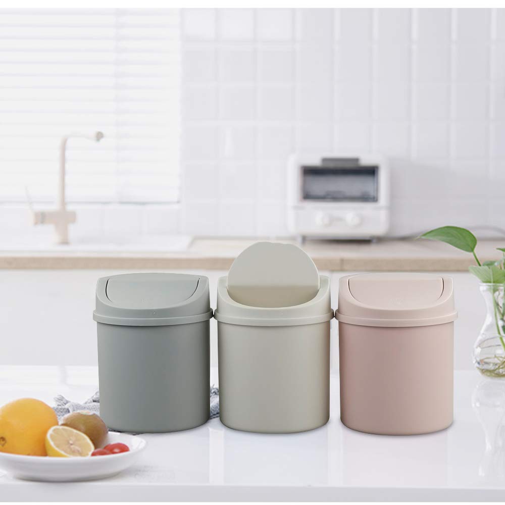 2 Liter Mini Desktop Trash Can with Swing Lid - Small Office Waste Bin for Desk, Home, or Car - Compact Grey Garbage Can for Paper, Snacks & Daily Trash (Perfect for Workspace, Bedroom & Vehicle Use)