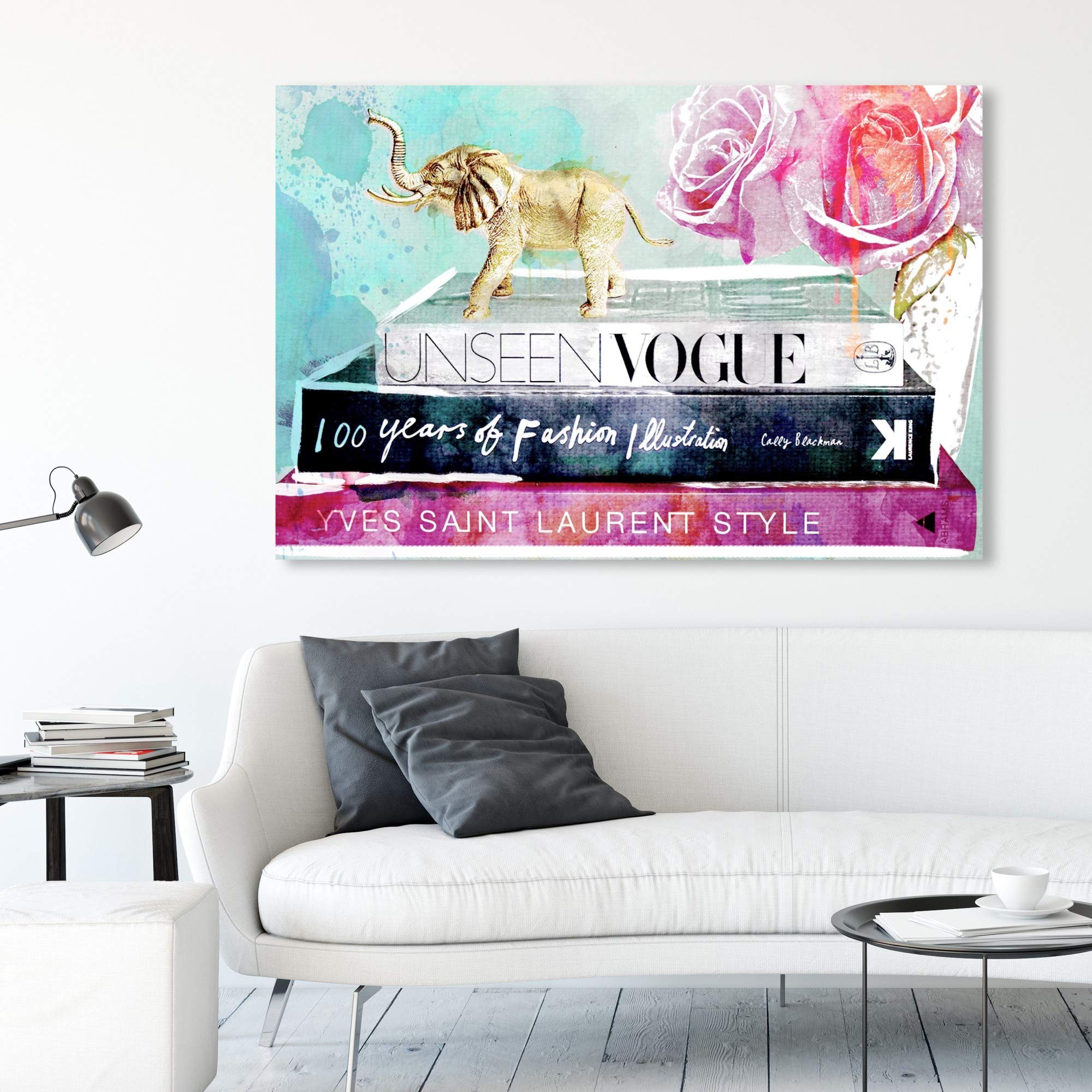 Fashionista Library Wall Art Canvas Print - 54x36 Inches Pink & Blue Fashion Book Decor for Living Room, Bedroom, Office