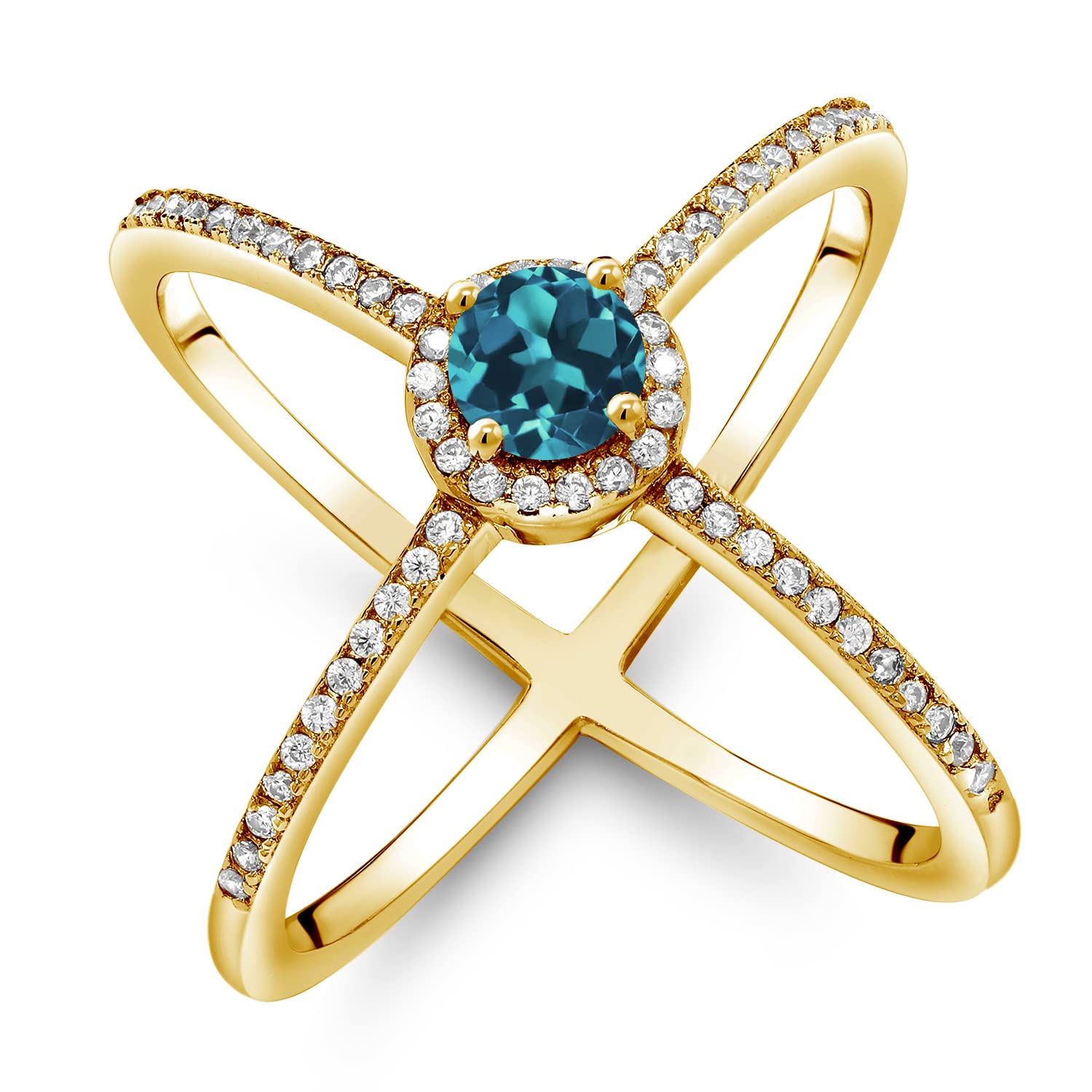 1.52 Ct London Blue Topaz Criss Cross X Ring - 18K Yellow Gold Plated Sterling Silver - Elegant Gemstone Jewelry for Women, Perfect for Weddings, Parties & Special Occasions