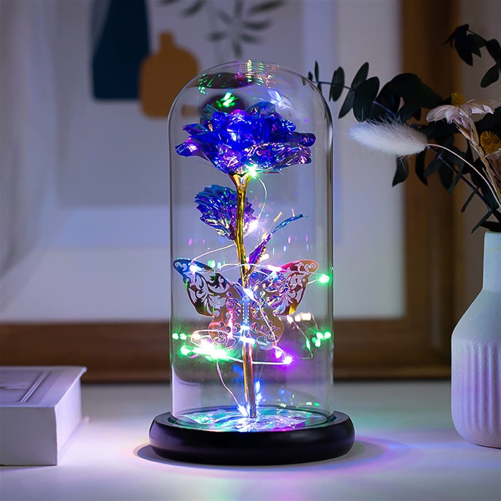 Everlasting Rose in Glass Dome - 22cm Gold Foil Preserved Flower with LED Light, Purple Bonus Color - Perfect for Christmas, Valentine's Day Gifts, Home Decor, Wedding Centerpiece & Romantic Surprise