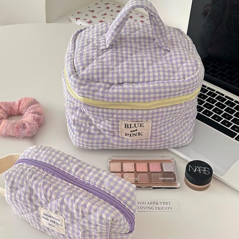 Quilted Floral Makeup Bag for Women - Large Cotton Cosmetic Organizer with Checkered Design, Travel Toiletry Bag for Girls & Women (Purple) - Perfect for Travel, Gym, and Everyday Use