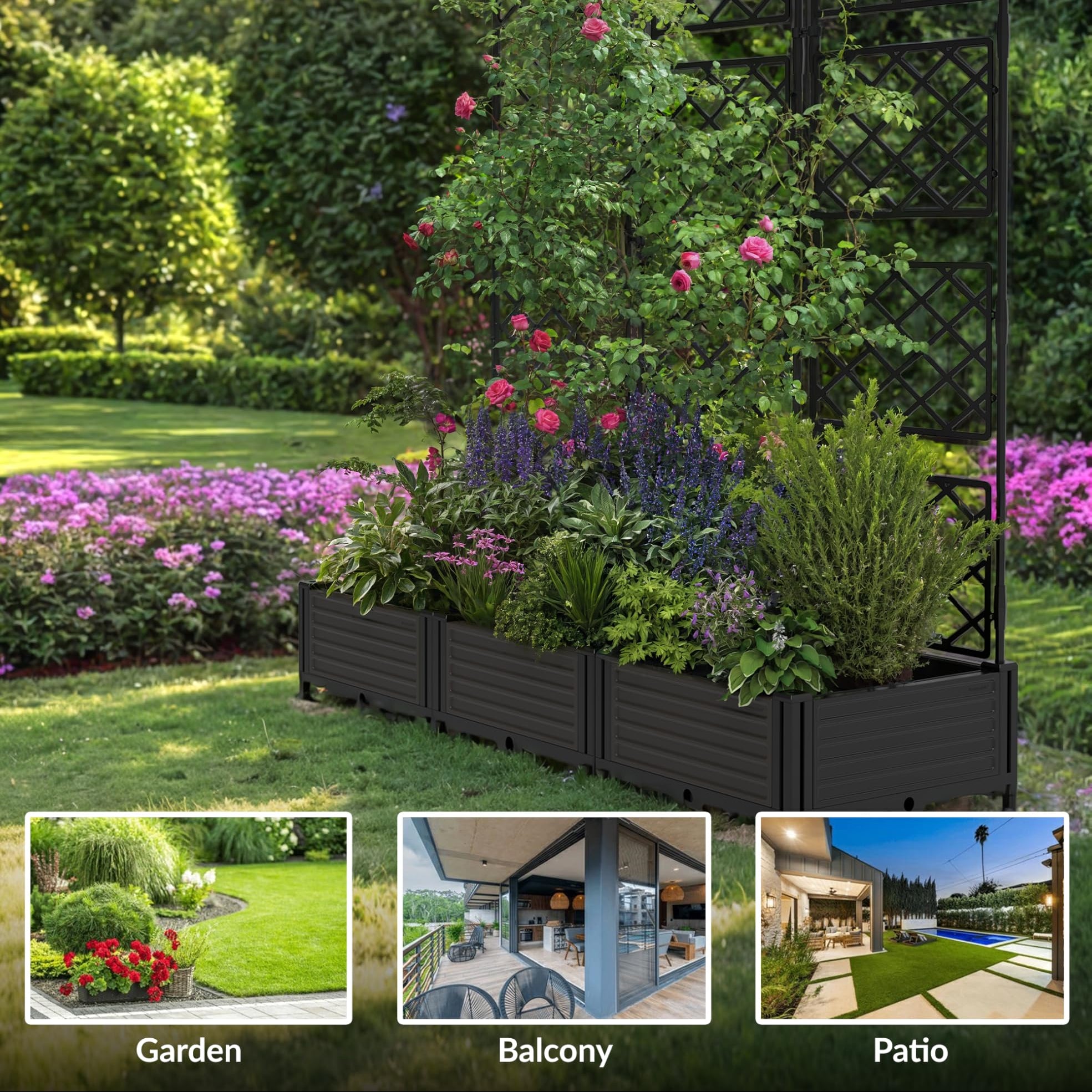 GARVEE 3 Pack Plastic Planter Boxes with Metal Trellis - Modular Privacy Screen & Raised Garden Bed for Balcony, Patio, Deck - Perfect for Outdoor Decor, Vertical Gardening & Small Space Solutions (Black)