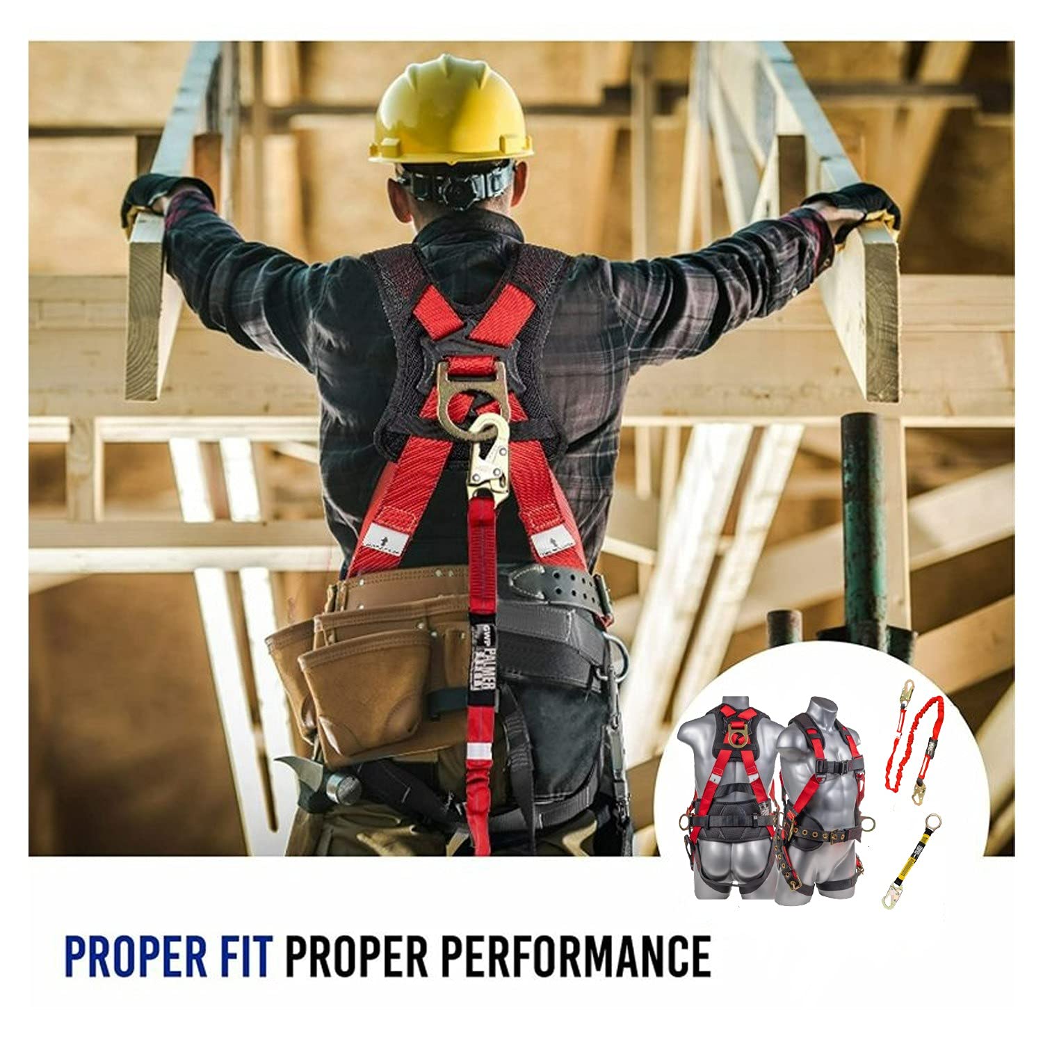 Palmer Safety Fall Protection Harness Kit - Hammerhead Series | Premium Safety Harness with Lanyard & D-Ring Extender | OSHA Compliant for Construction, Roofing & Industrial Work