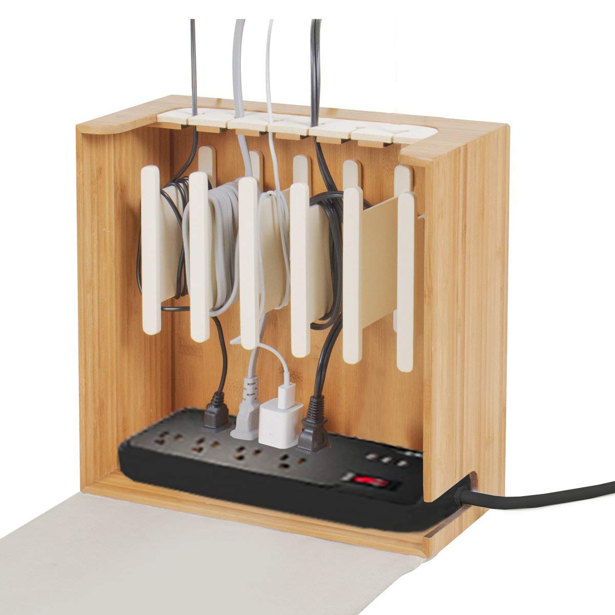 Premium Bamboo Cable Organizer with Magnetic Cord Spindles - 6-Slot Cord Corral & 8-Outlet Power Strip with 3 USB Ports | Eco-Friendly Desk Accessory for Home Office & Entertainment Center Organization