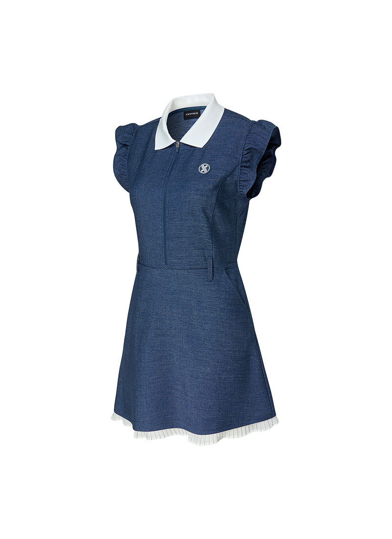 Stylish Denim-Like Ruffle Flare Dress for Women - Vintage Inspired High Waist A-Line Party Dress (Casual Outing, Date Night, Summer Vacation)