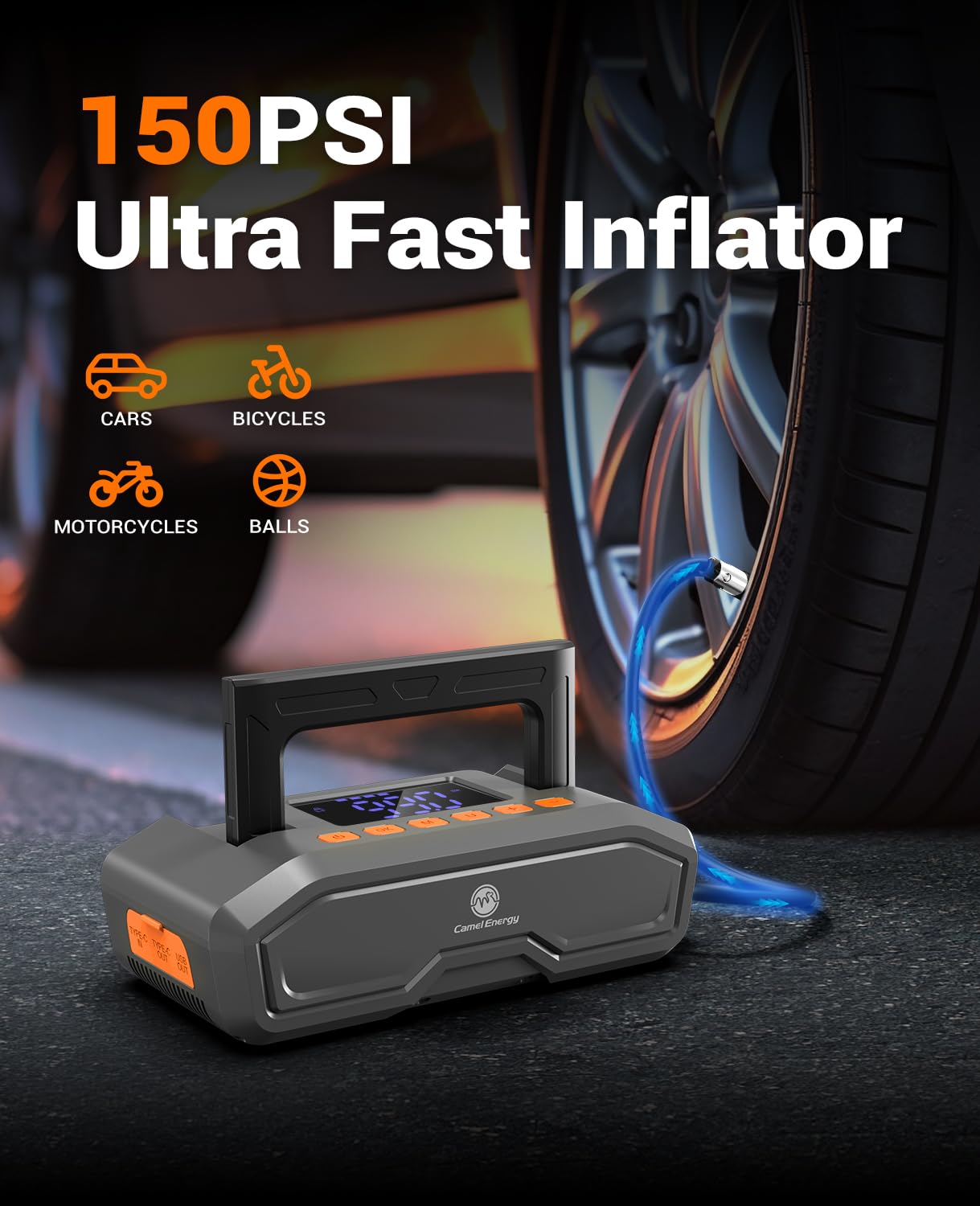 4000A Peak Car Jump Starter with Air Compressor - 12V Portable Battery Booster for 9L Gas & 8L Diesel Engines + 150PSI Tire Inflator - Emergency Roadside Assistance & Camping Power Solution