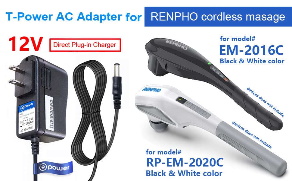 T-POWER Replacement Charger for Renpho RP-EM-2020C, EM-2016C, RF-EM2018C Massagers | AC/DC Power Adapter Cord | Perfect for Deep Tissue Percussion Therapy at Home, Office & Travel