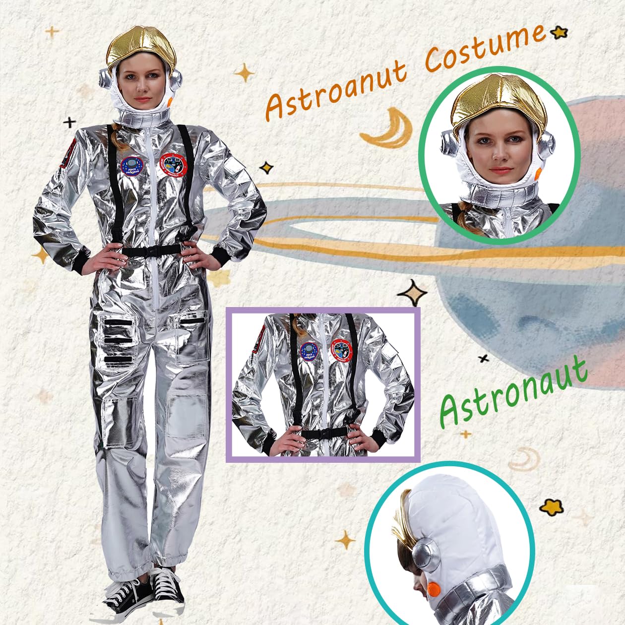 DSplay Adult Astronaut Space Jumpsuit Costume - NASA-Inspired Halloween Cosplay Outfit with Embroidered Patches & Functional Pockets | Perfect for Halloween Parties, Cosplay Events & Space-Themed Photoshoots