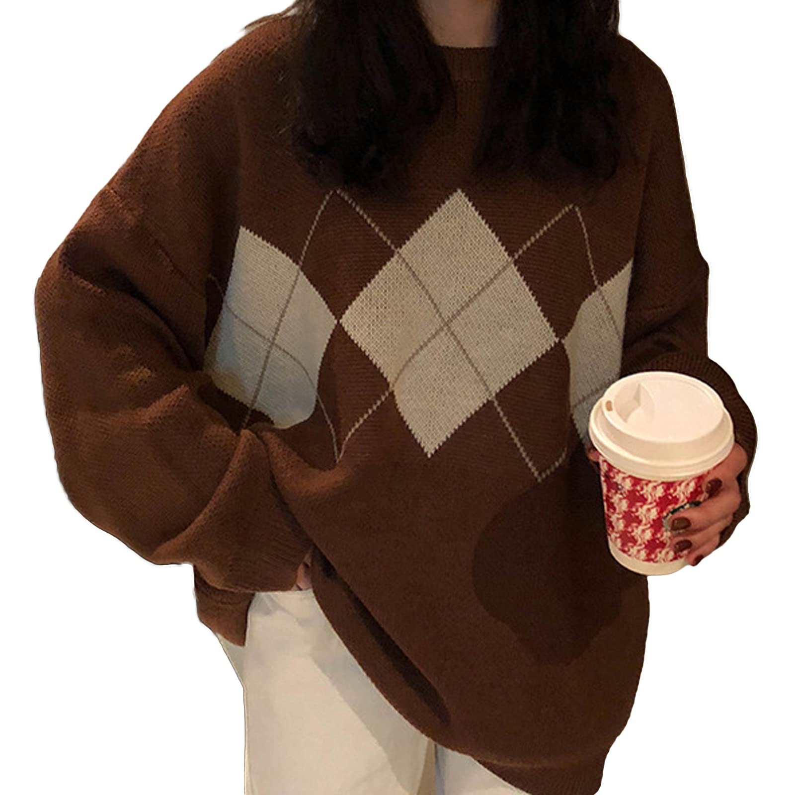 Women's Y2K Vintage 90s Streetwear Sweater - Oversized Crewneck Knit Pullover with Argyle Print | Long Sleeve Casual Knitwear for Fall Winter Fashion & Retro Street Style Outfits