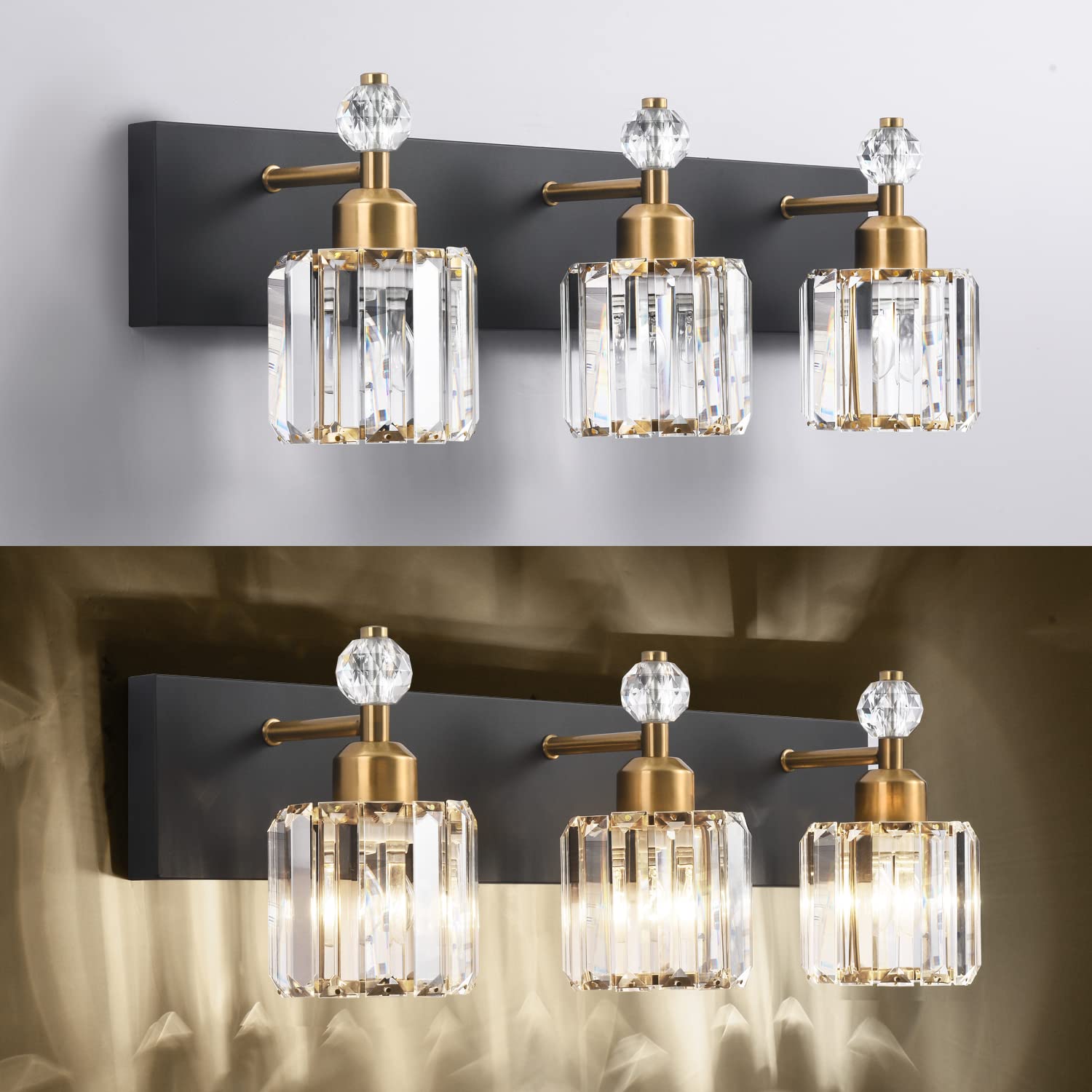 Modern Black Gold Crystal Bathroom Vanity Lights - 3 Light Wall Sconce Fixtures for Mirror Illumination | Perfect for Contemporary Bathrooms, Powder Rooms & Spa-Style Decor