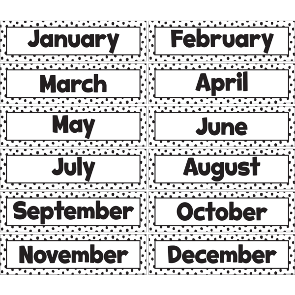 White Monthly Headliners with Black Painted Dots - Perfect for Classroom Decor, Bulletin Boards & Office Organization