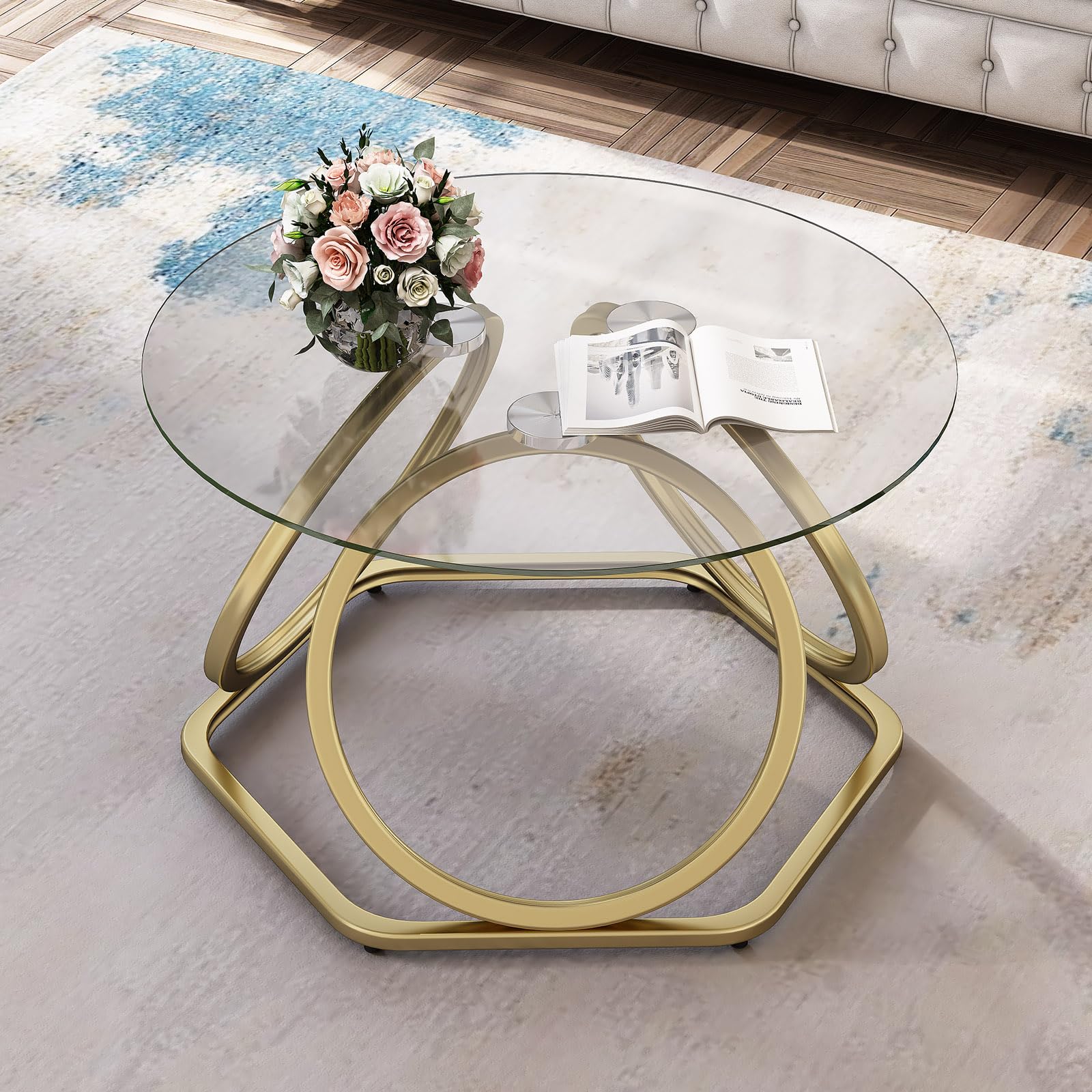 Modern Gold Glass Coffee Table with Hexagonal Base - Round Living Room & Office Table - Elegant Gold Finish - Perfect for Home Decor, Lounge, and Workspace - 1 PC