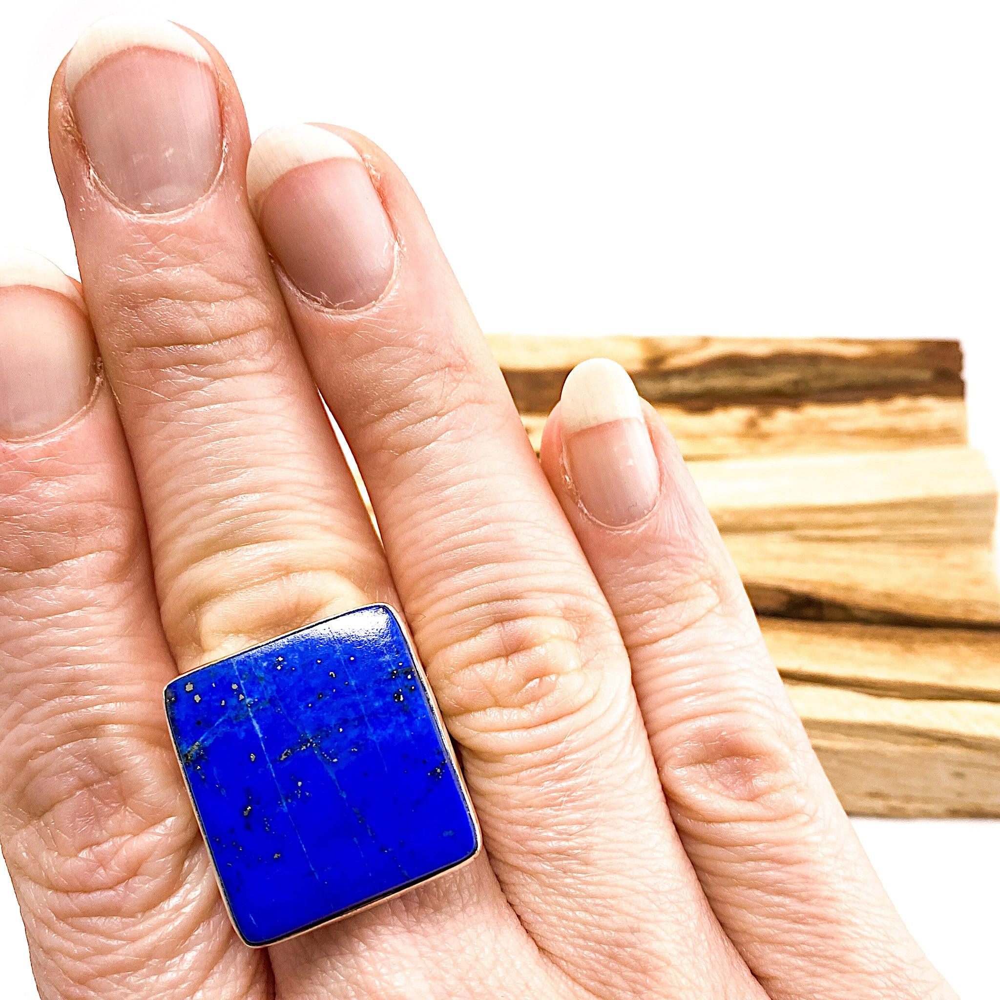 Natural Lapis Lazuli Square Cabochon Ring - Handmade Hammered Silver Band Size 11 - Chilean Gemstone Jewelry for Women | Perfect for Boho Fashion, Gift Giving & Special Occasions