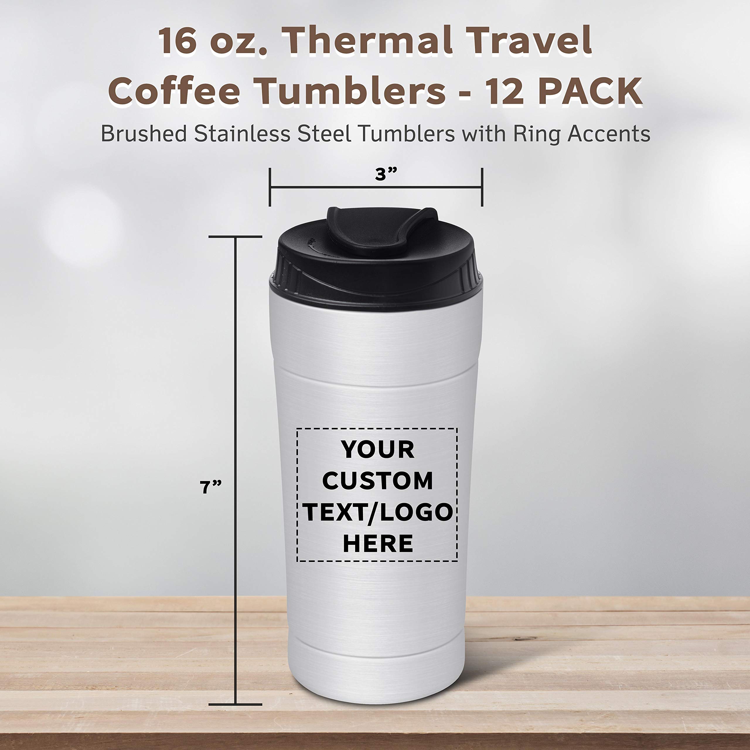 Custom 16 oz Insulated Travel Coffee Tumblers - 12 Pack with Personalized Text & Logo - Stainless Steel Silver - Perfect for Office, Camping & Gifts