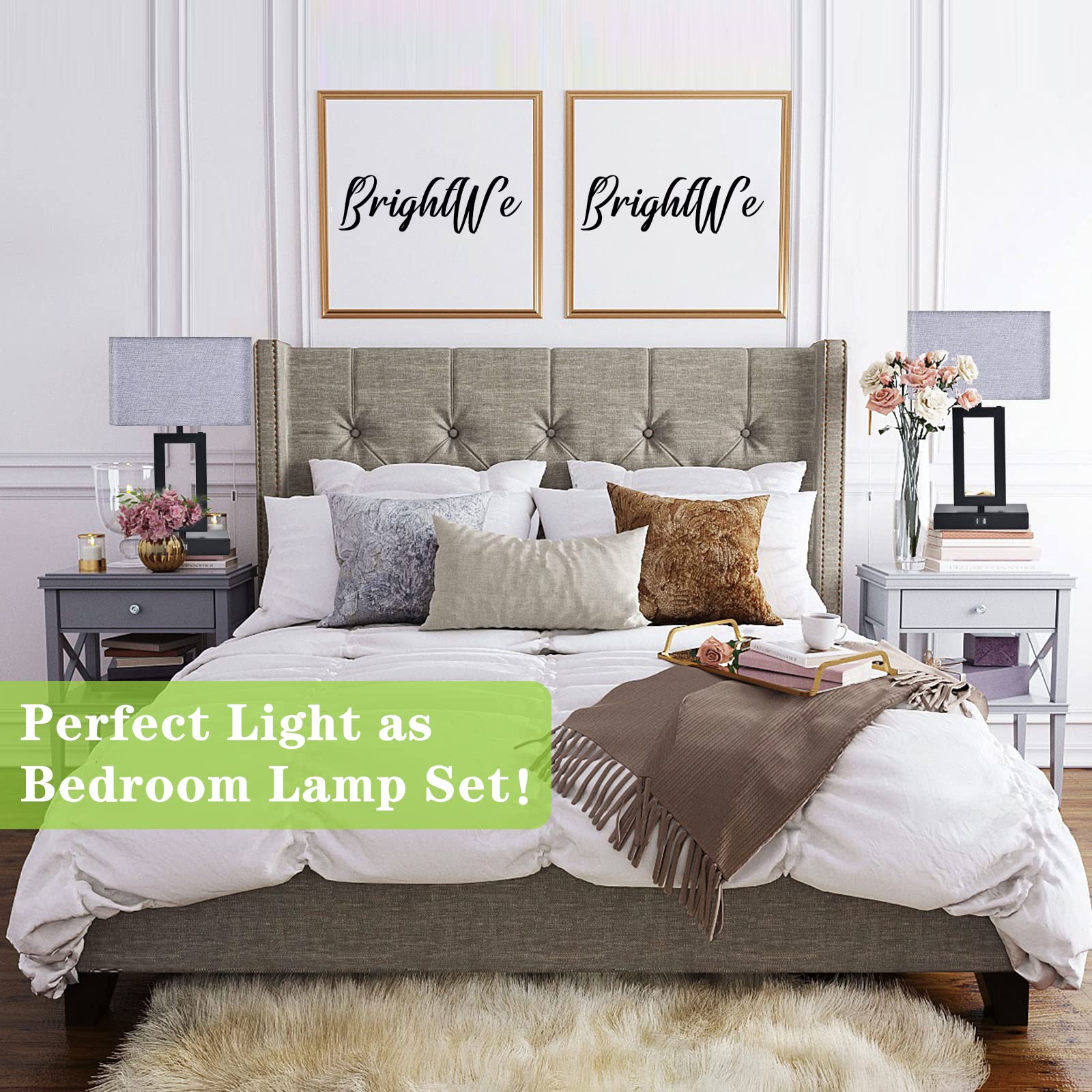 Touch Control Bedside Lamps - Set of 2 Modern Table Lamps with Dual USB Ports & 3-Way Dimmable Lighting for Nightstand, Desk, Living Room, Office & Study - Grey & Black - Perfect for Reading, Working & Creating Cozy Ambiance