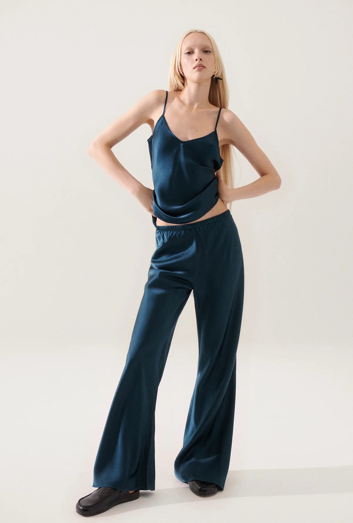 Stylish Teal Bias Cut Pants for Women - Comfortable & Flowy High Waist Trousers - Perfect for Office, Casual Wear & Summer Outfits