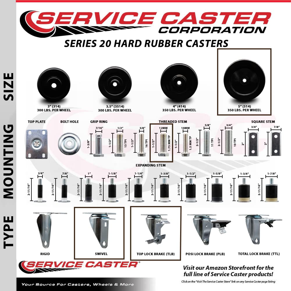 4-Pack Heavy Duty Hard Rubber Swivel Casters with 5