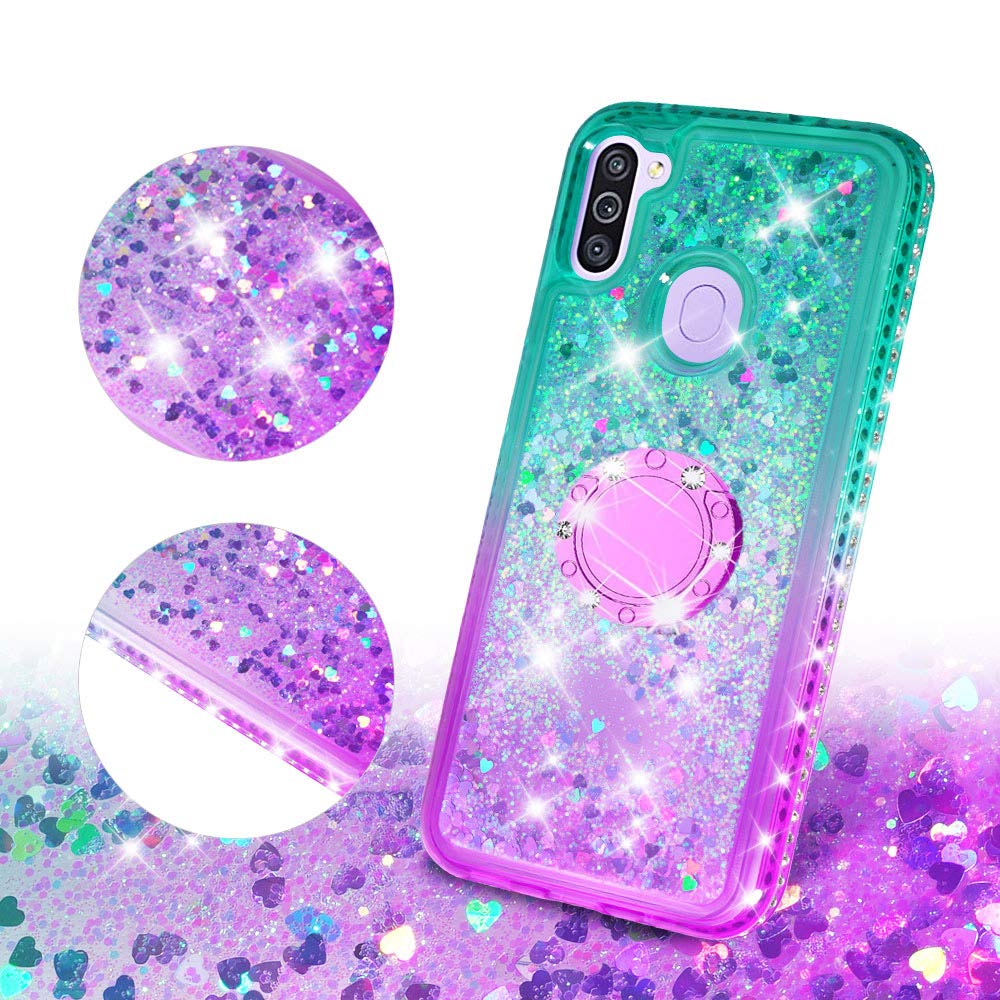 SOGA Rhinestone Liquid Quicksand Phone Case for Samsung Galaxy M11 - Sparkly Glitter Cover with Embedded Ring for Magnetic Car Mount & Lanyard, Cute Protective Case for Girls (Purple/Teal) - Perfect for Daily Use, Work, School & Travel