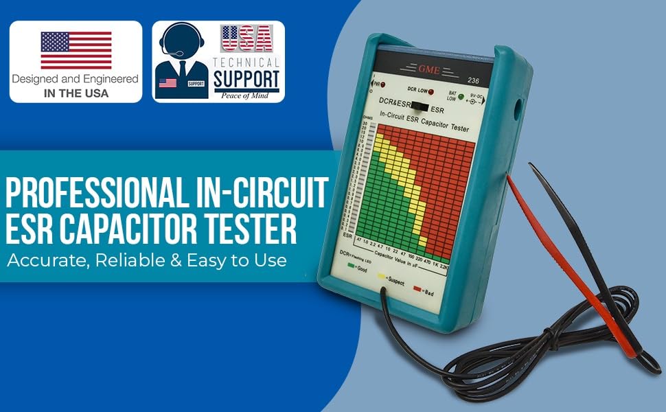 GME Professional in-Circuit ESR Capacitor Tester - Digital Capacitance ESR Meter - USA Designed Electronics Testing Tool for Circuit Board Repair and Maintenance