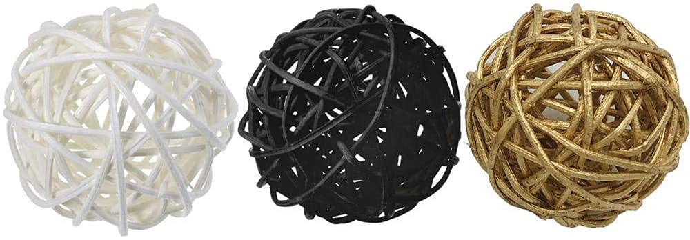 9-Piece 3-Inch Wicker Ball Decor Set - Natural Rattan Balls for Home Decor, DIY Vase Filler, Wedding Centerpieces, Nursery & Baby Room Décor (White, Black, Gold) - Perfect for Boho, Farmhouse & Rustic Style Decorating