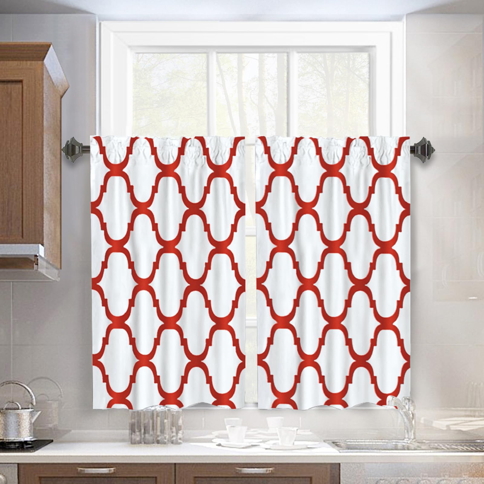 Melodieux Set of 2 Moroccan Style Geometric Lattice Tier Curtains - 29x36 Inches, Off White/Red | Rod Pocket Window Treatments for Kitchen, Cafe, Bathroom & Small Windows | Perfect for Boho Home Decor & Privacy