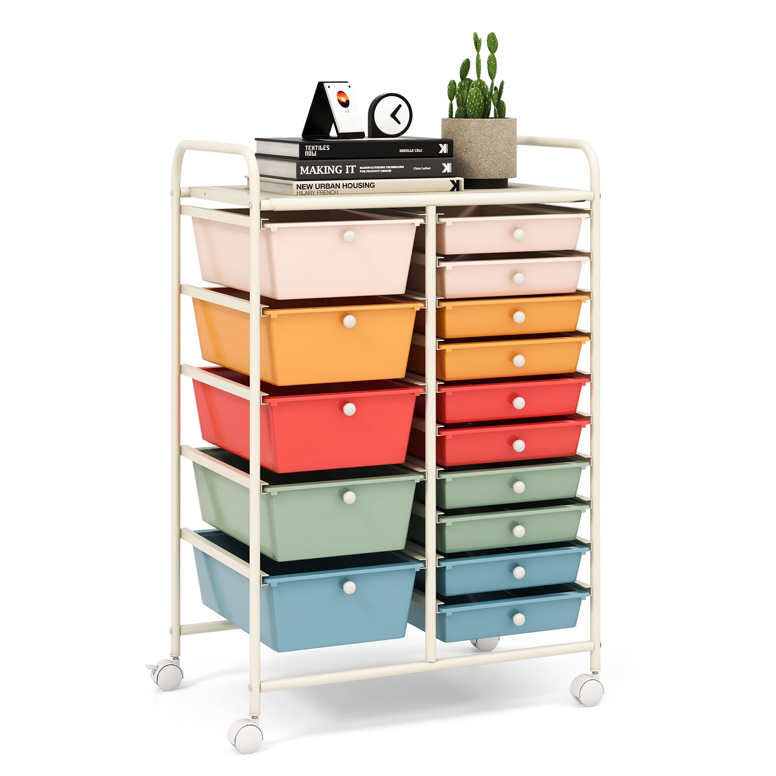 LDAILY 15-Drawer Rolling Storage Cart with Durable Metal Frame - Multipurpose Mobile Organizer for Office, School & Craft Supplies - Perfect for Scrapbooking, Art Tools & Classroom Organization (Macaron)