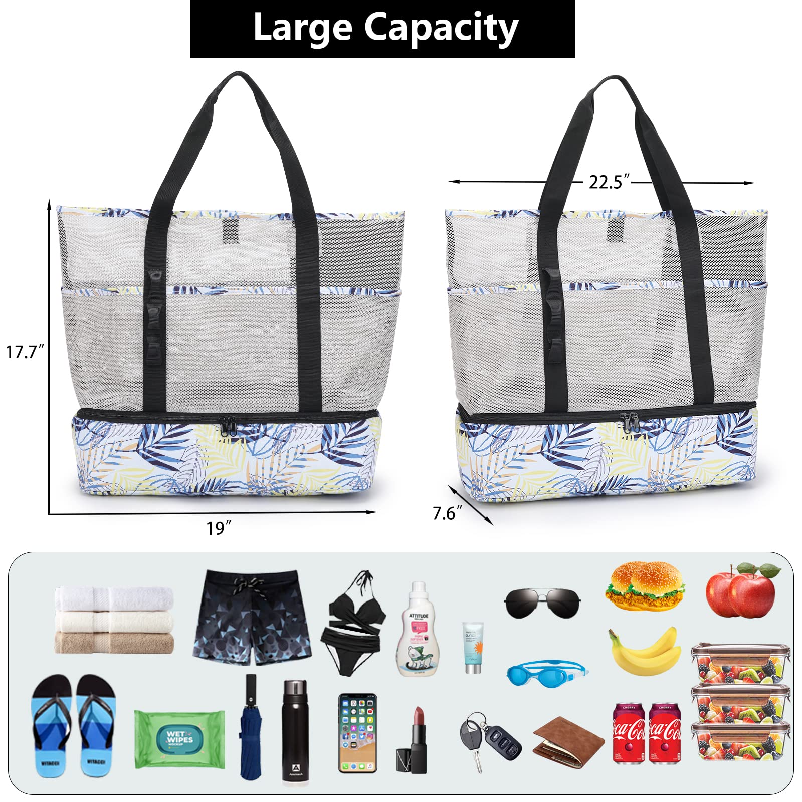 Cooler Beach Bag for Women - Sandproof, 8 Pockets - Pool & Travel Essentials