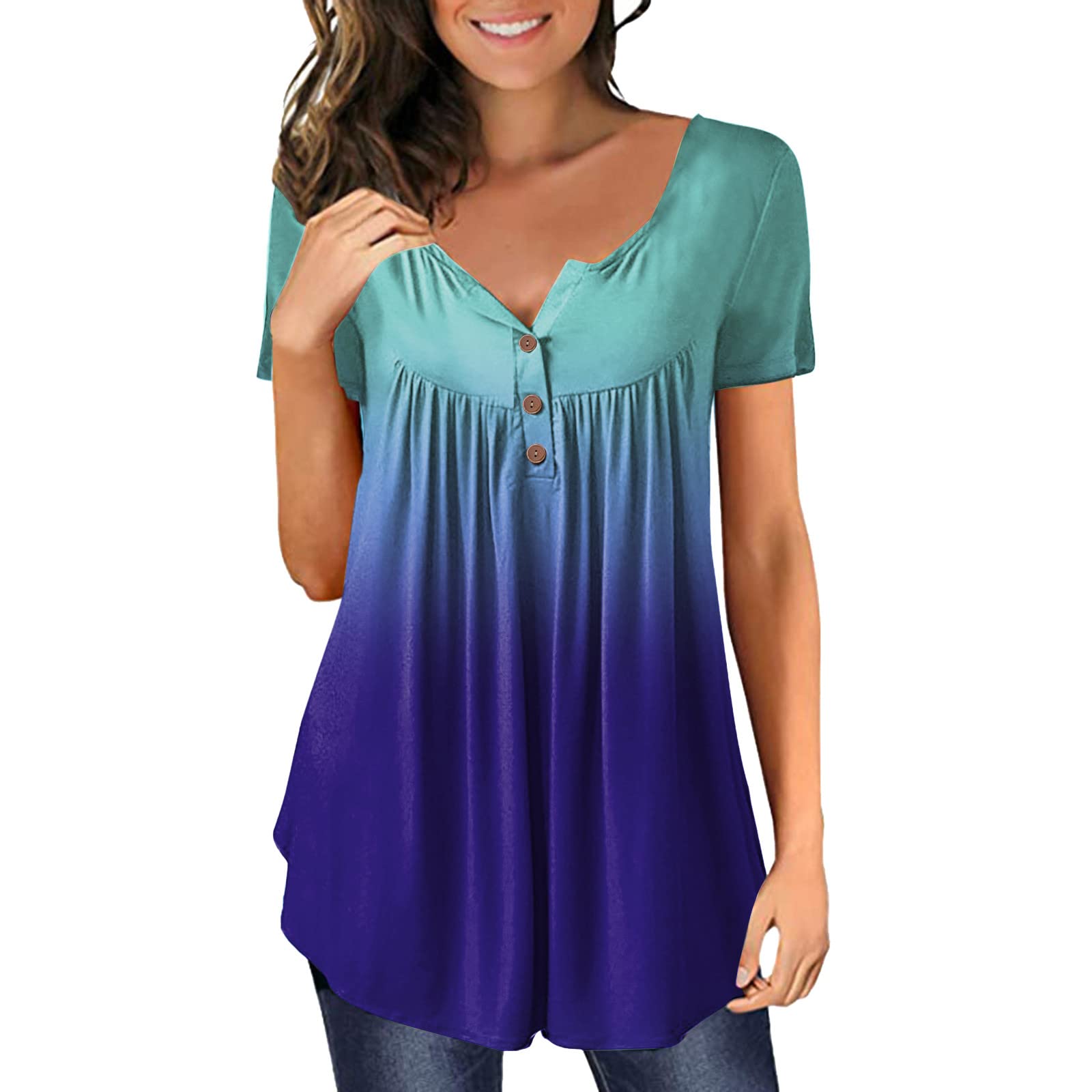Howstar Plus Size V-Neck T-Shirt for Women - Gradient Print & Button Pullover for Casual Wear