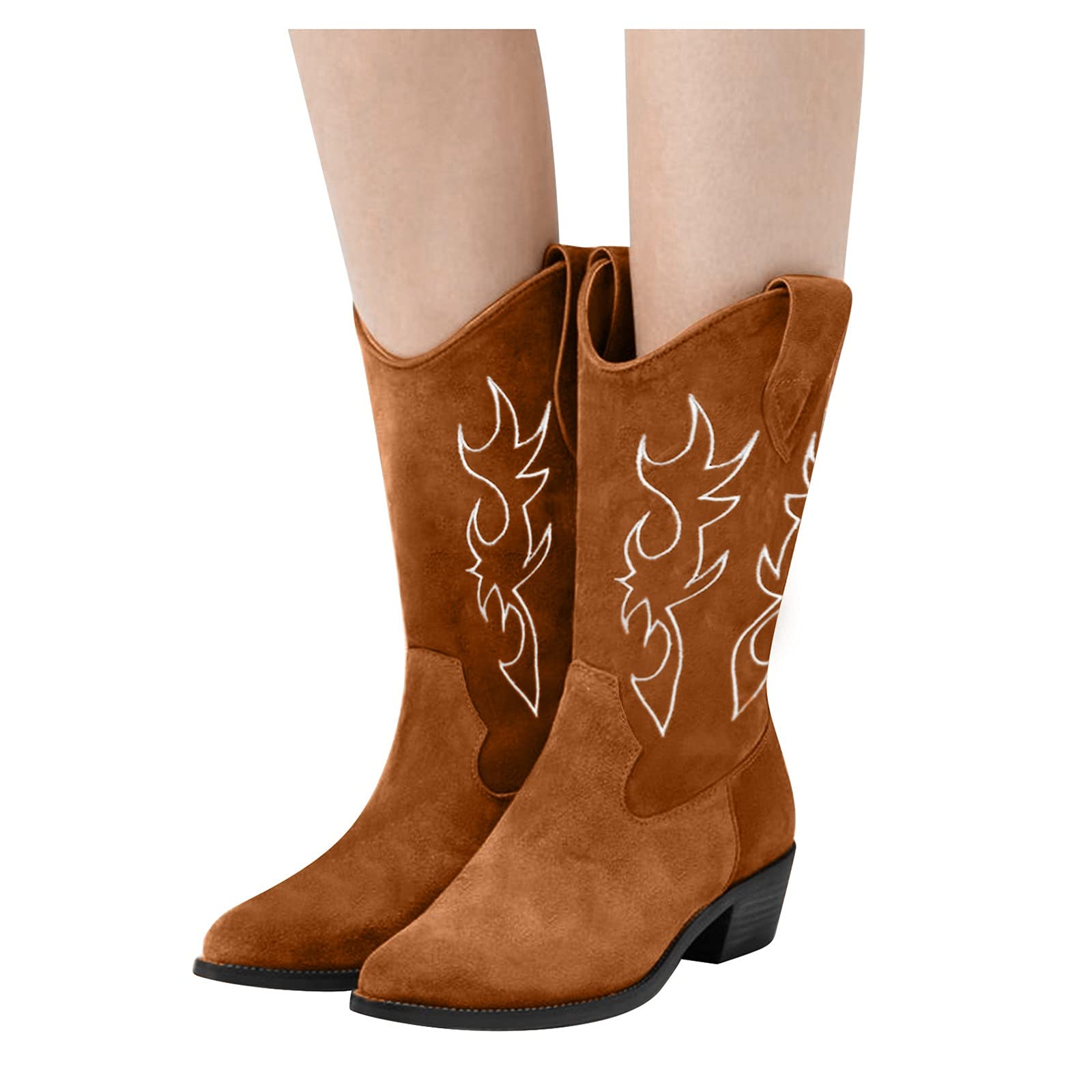 **Women's Knee High Wide Calf Cowboy Boots – Western Embroidered Retro Cowgirl Boots with Pointed Toe & Low Heel | Comfortable Casual Long Boots for Everyday Wear, Country Rides & Western Fashion**