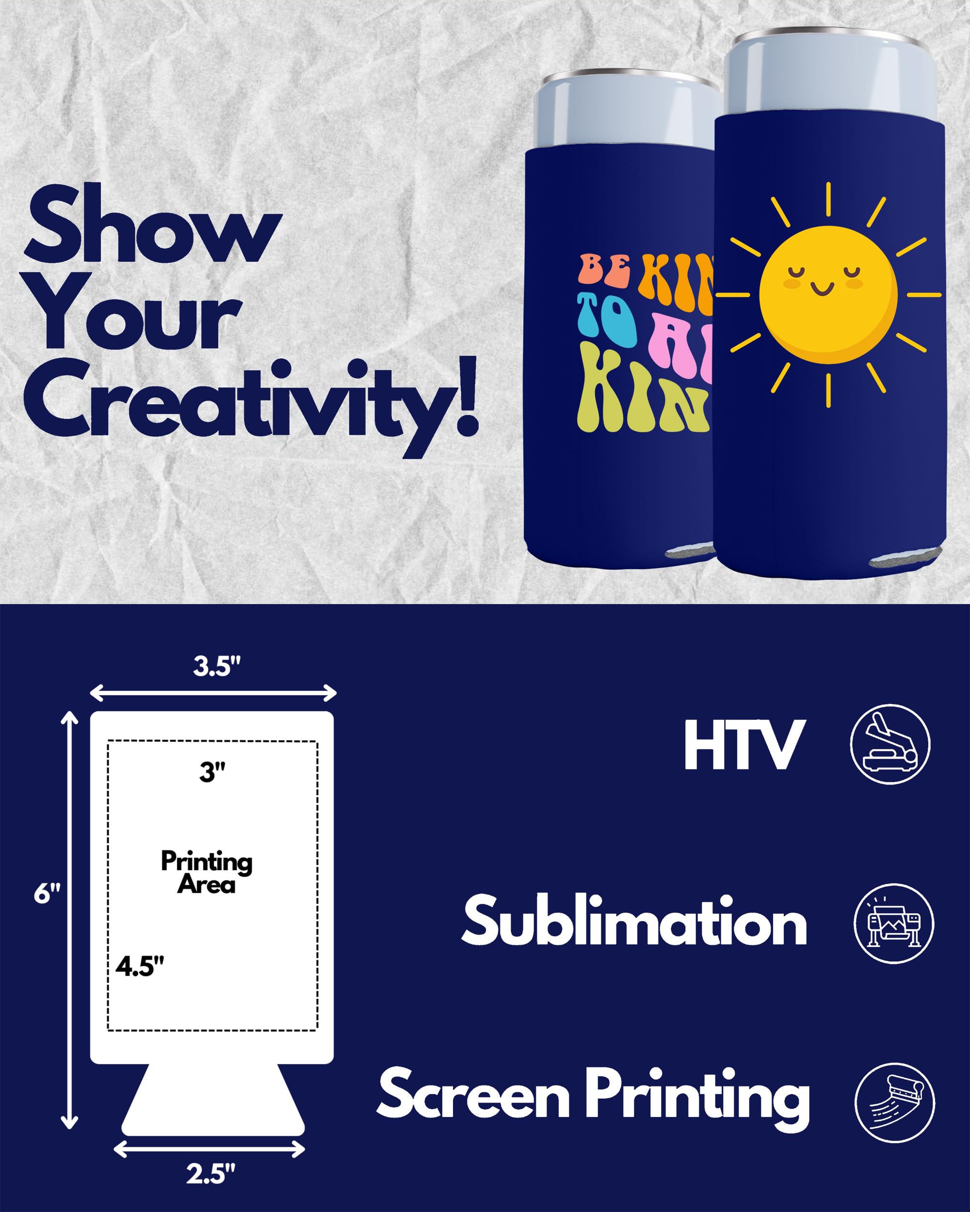 200 Pack Navy Blue Blank Slim Can Cooler Sleeves | Customizable Sublimation Coolers for Beer Bottles & 12oz Tall Cans | Skinny Insulated Drink Sleeves for Parties, BBQs, and Outdoor Events