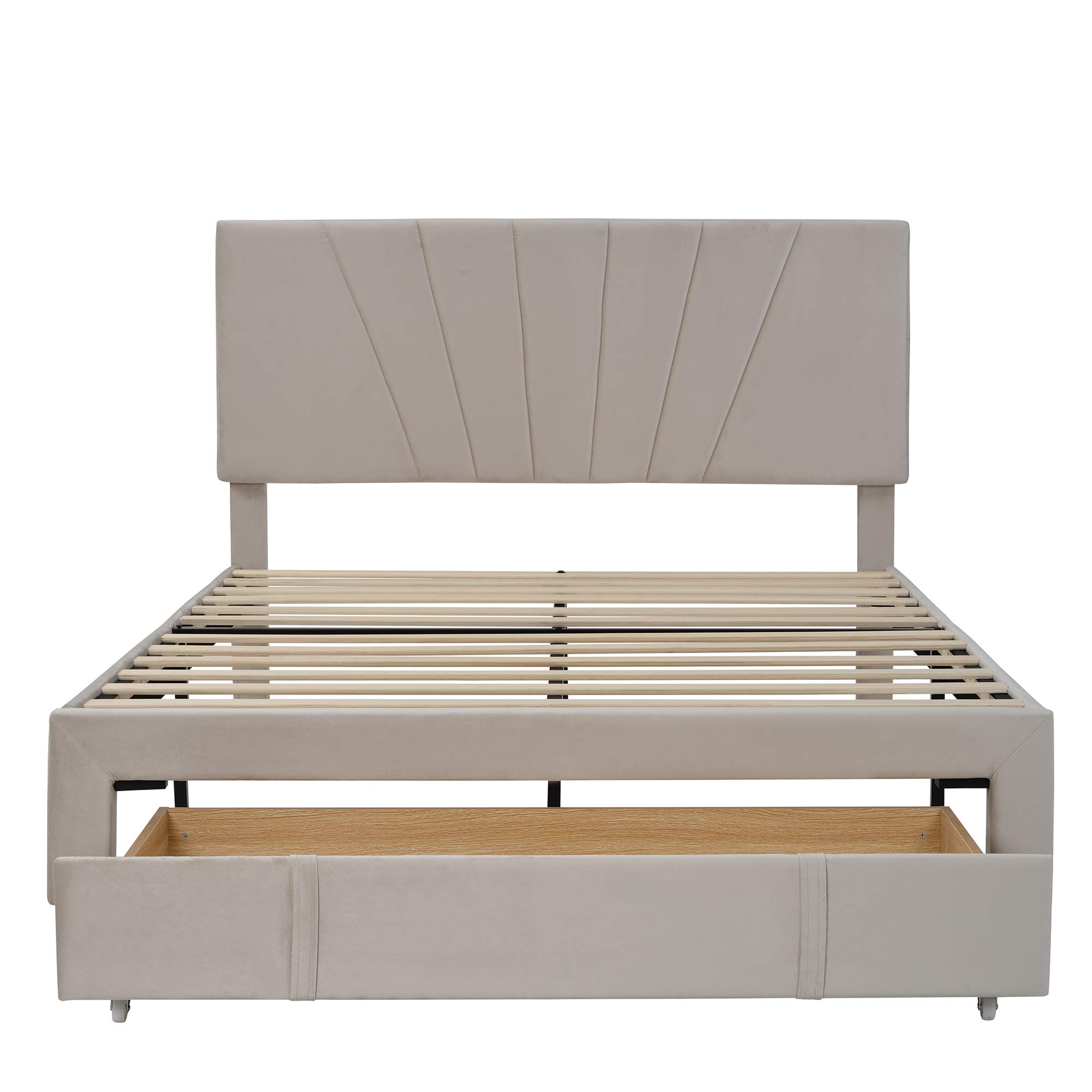 Elegant Queen Platform Bed with Storage - Velvet Headboard & Wood Slats for Bedroom (Beige)