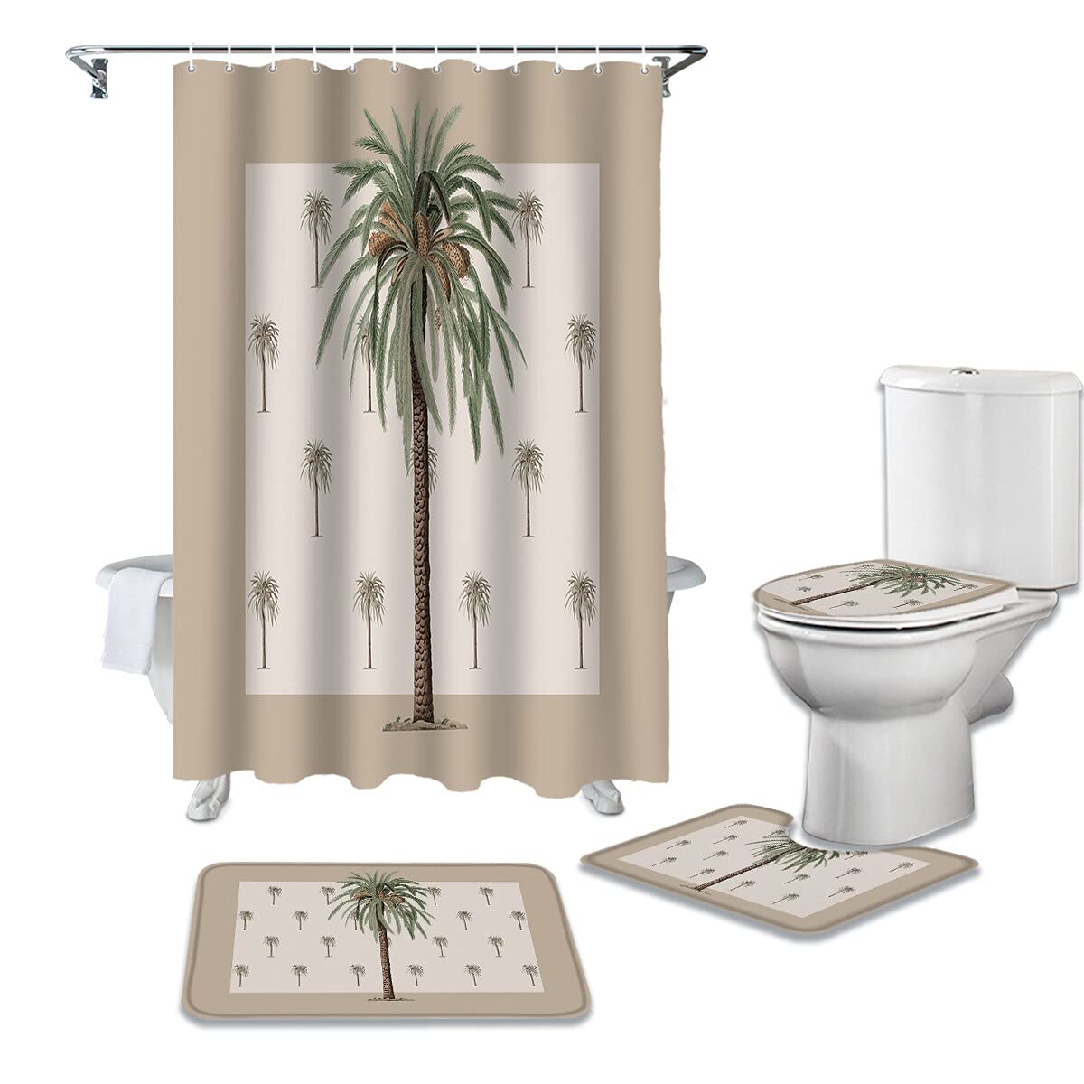 WWGBHJL 4-Piece Shower Curtain Set - Brown Tropical Coconut Tree Design, Waterproof Bathroom Decor with Non-Slip Toilet Lid Cover & Bath Mat - Perfect for Beach House, Spa Bathroom & Coastal Home Decor