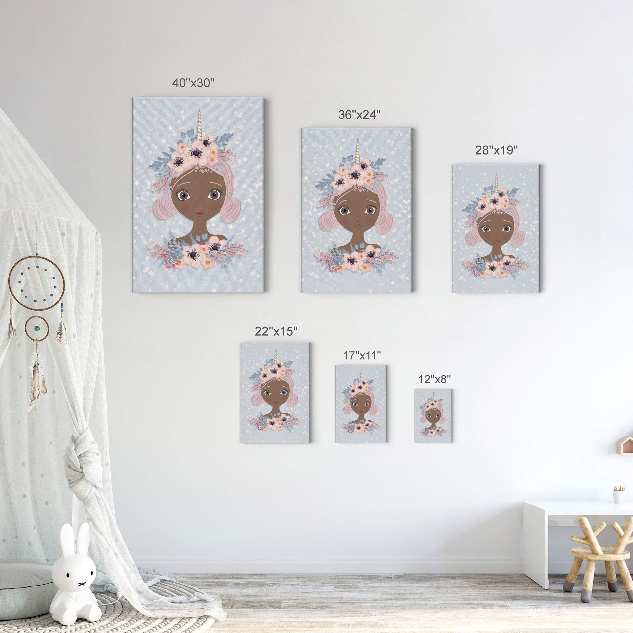 African American Unicorn Girl Canvas Wall Art - Smile Art Design Ready to Hang Nursery Decor, Kids Room Decor, Baby Gift (22x15 inches, Made in USA) | Perfect for Bedroom, Playroom & Birthday Presents