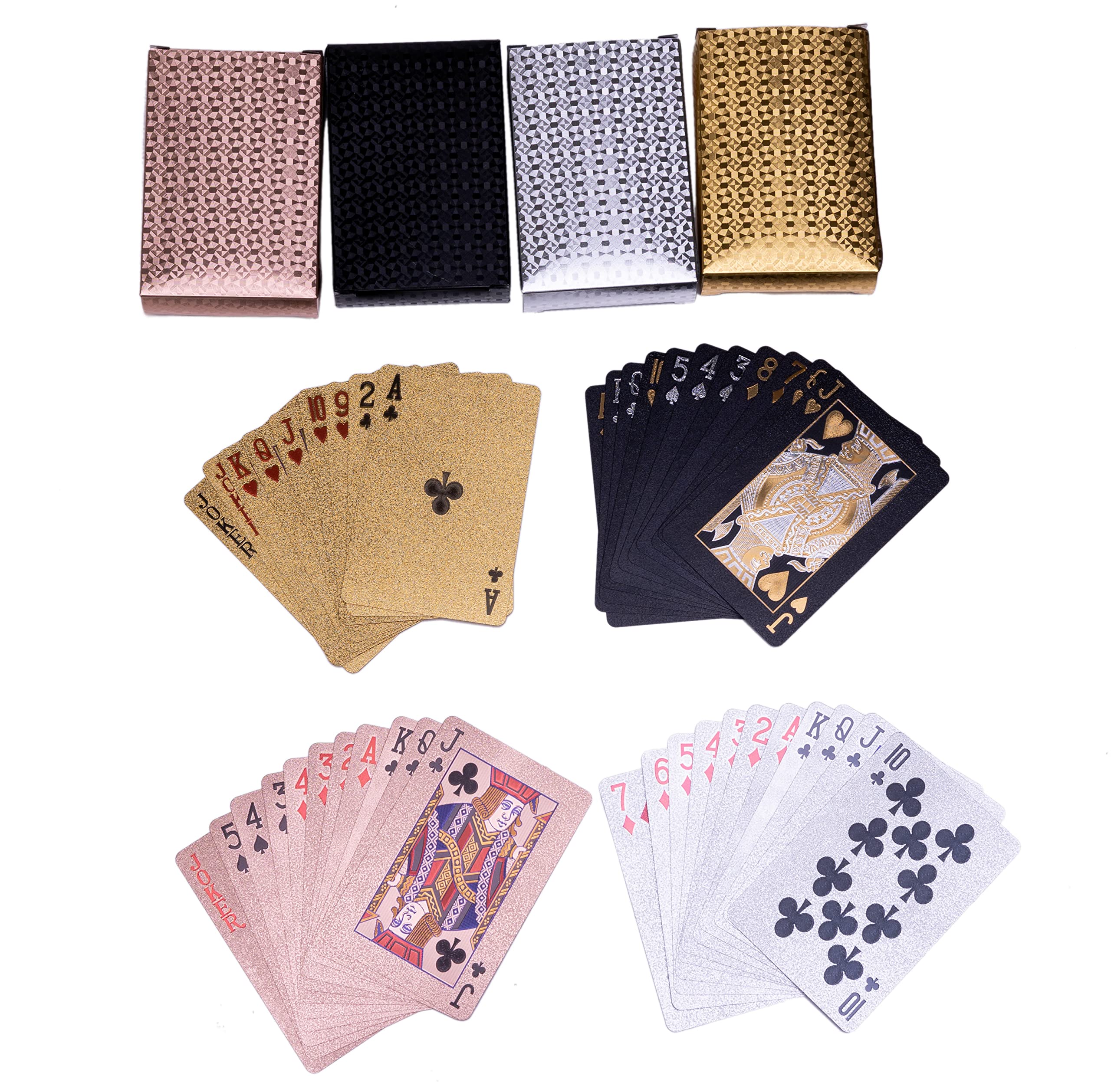 SUCCUNA Waterproof Plastic Playing Cards - 4 Decks (Black, Gold, Pink, White) | Poker Cards with Foil Finish | Durable for Travel, Camping & Game Nights