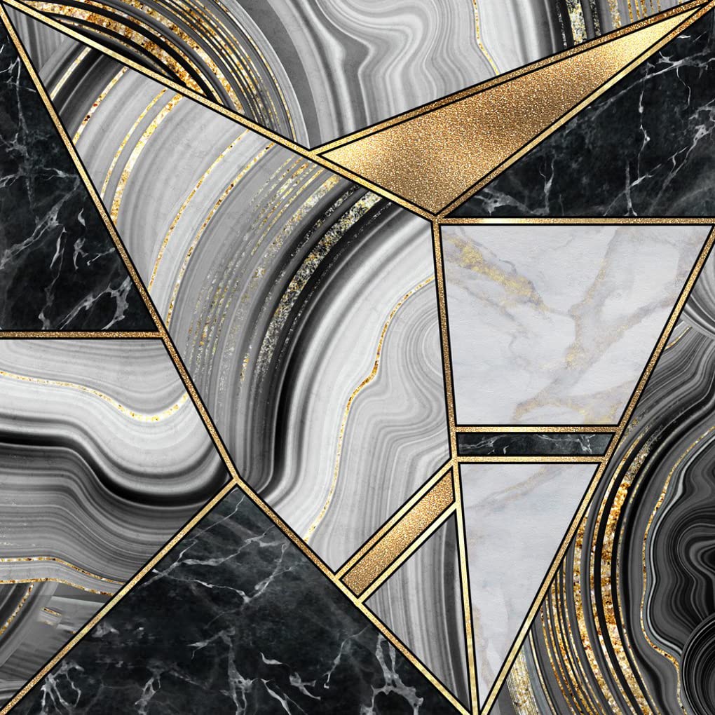 8x8 Square Geometric Pattern Area Rug - Black Gold Marble Swirl Abstract Modern Washable Soft Carpet for Living Room, Bedroom, Home Office | Perfect Under Dining Table as Luxurious Art Decor Floor Mat Runner