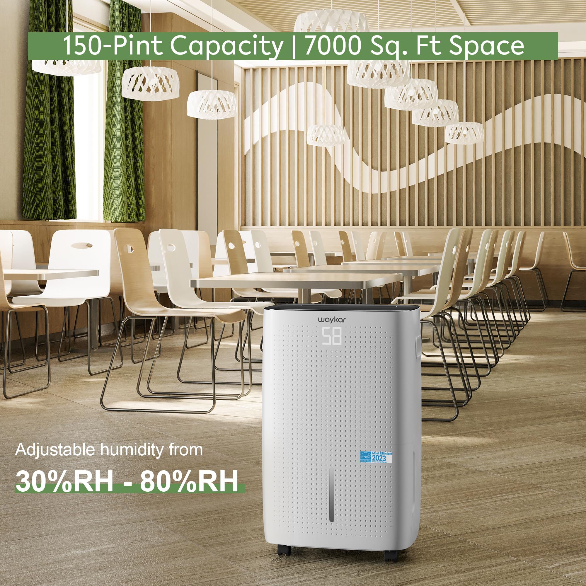 Waykar 150 Pints 7000 Sq Ft Energy Star Certified Commercial Dehumidifier with Drain Hose - Powerful Moisture Control for Large Basements, Warehouses, Home Storage & Industrial Spaces | Ideal for High Humidity Areas & Water Damage Prevention