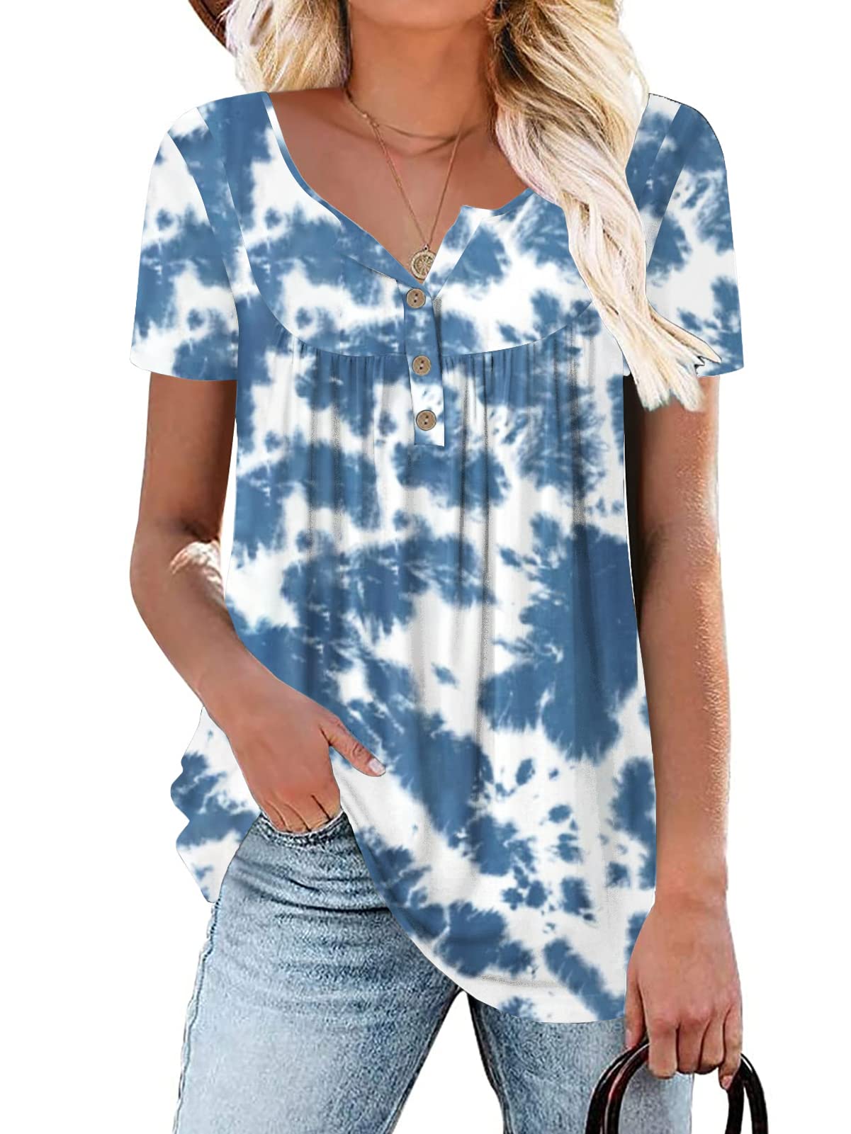 HAHIYOR Women's Summer V-Neck Henley Shirts - Flowy Pleated Tunic Tops with Button Up Design | Casual Wear, Office Outfits & Summer Vacation Style