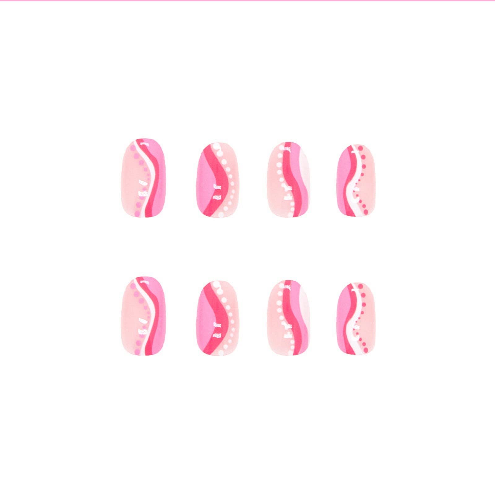 MISUD 24pcs Round Press-on Nails - Pink Wave Point Oval Acrylic Glossy Fake Nails with White Swirl Designs | Easy Glue-on Artificial Nails for Women | Perfect for Parties, Weddings & Daily Wear