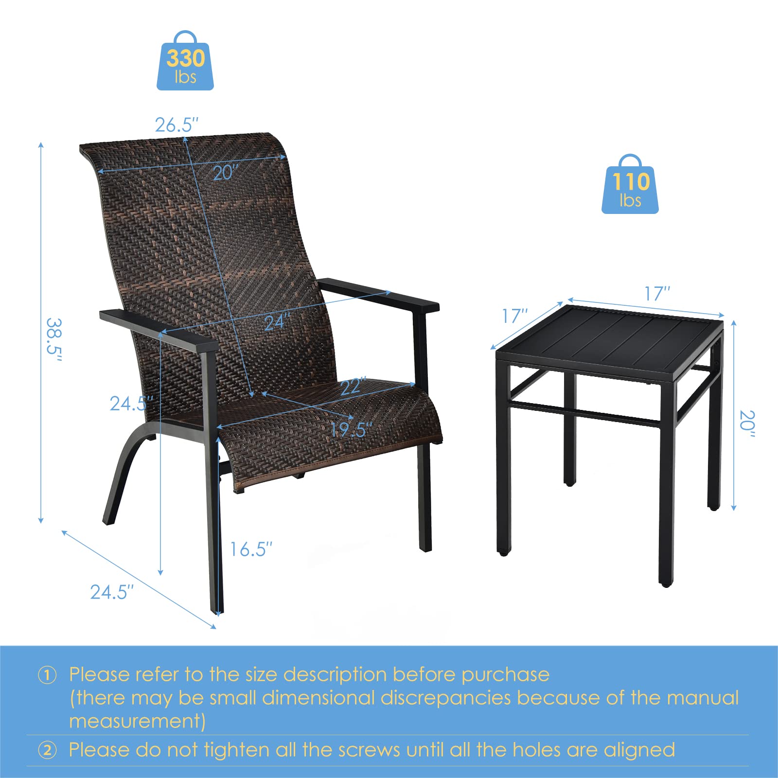 Tangkula 3-Piece Outdoor Bistro Set - PE Wicker Chairs & Coffee Table, Rust-Resistant Steel Frame, High Back Support - Perfect for Patio, Garden, Poolside, Deck or Backyard (Mix Brown) | Outdoor Dining & Relaxation Furniture